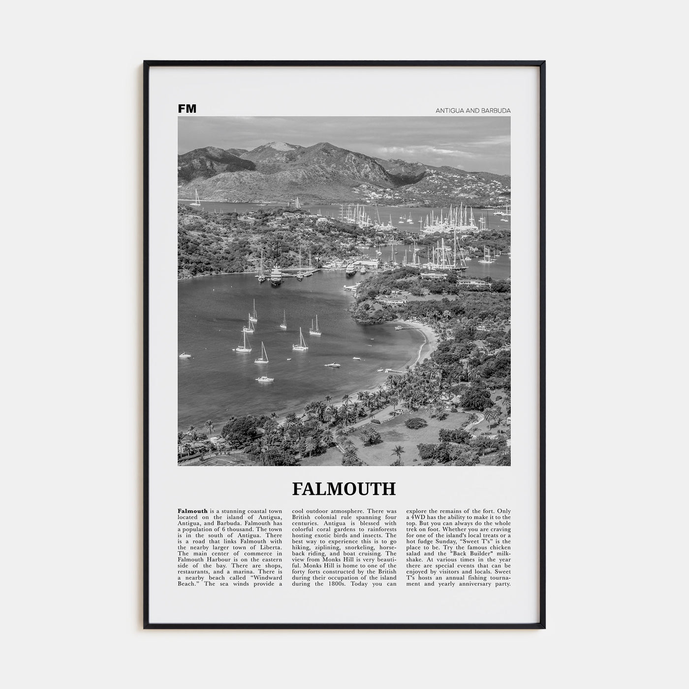 Falmouth, Antigua and Barbuda Travel B&W Poster
