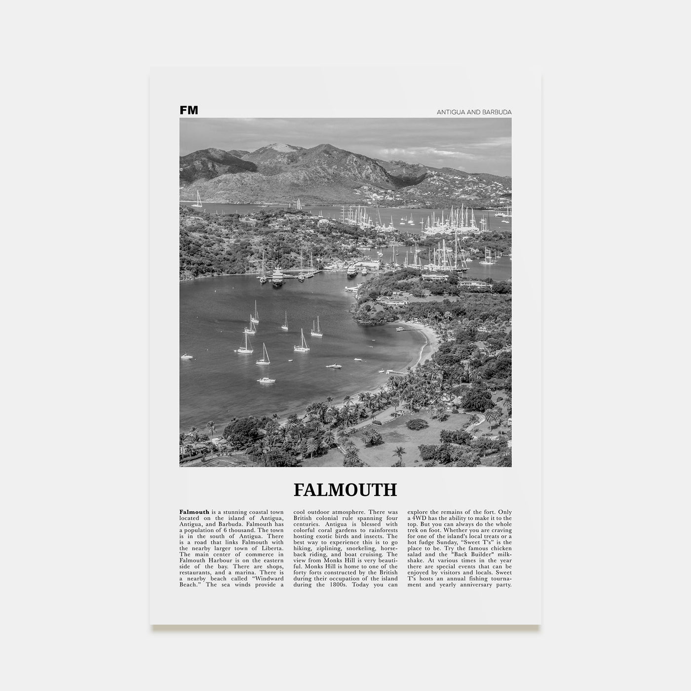 Falmouth, Antigua and Barbuda Travel B&W Poster