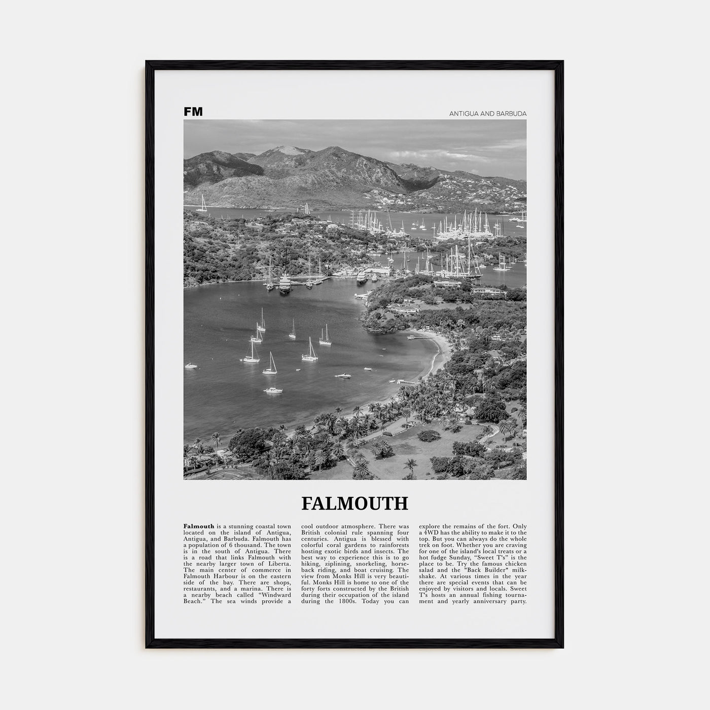 Falmouth, Antigua and Barbuda Travel B&W Poster