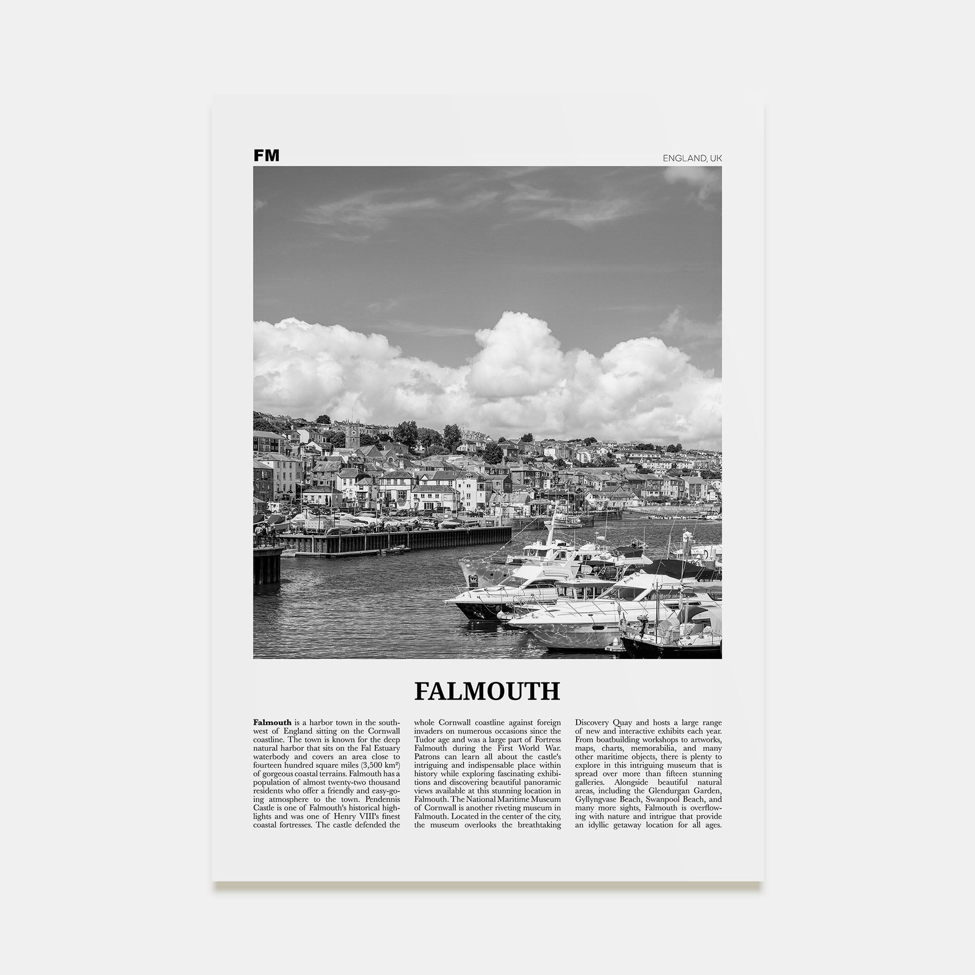 Falmouth, England Travel B&W Poster