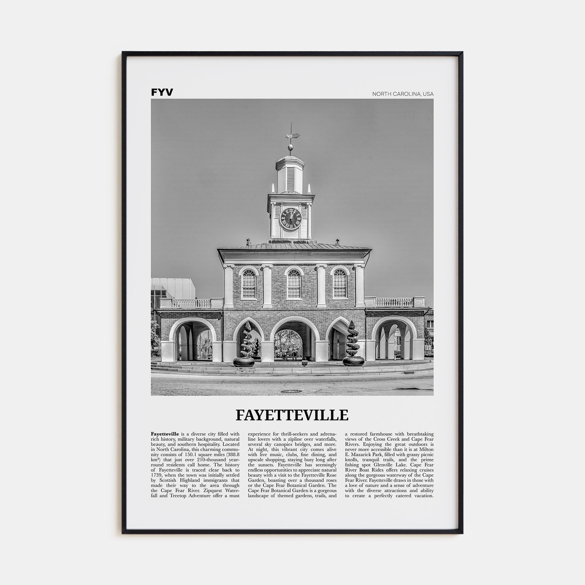 Fayetteville, North Carolina Travel B&W Poster