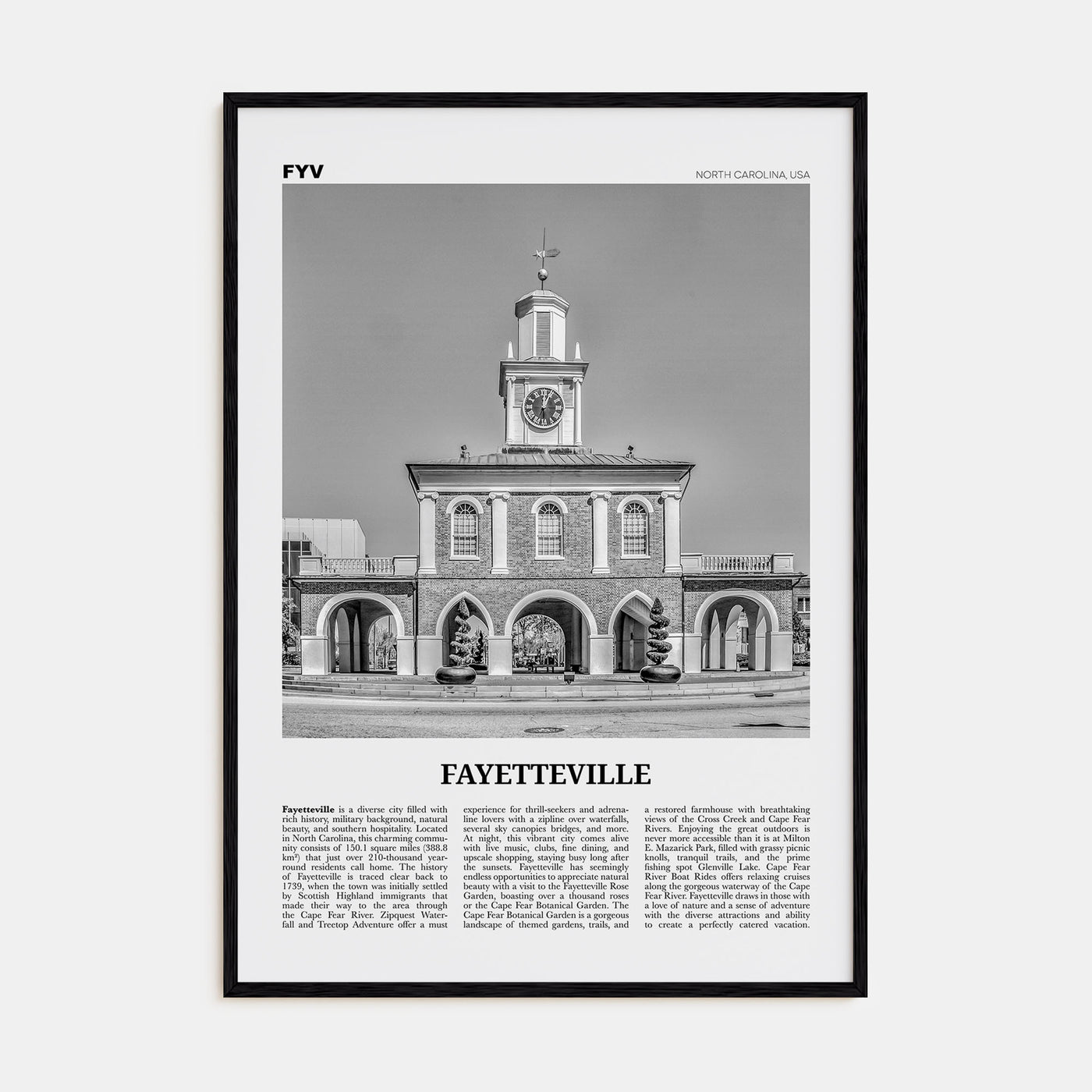 Fayetteville, North Carolina Travel B&W Poster