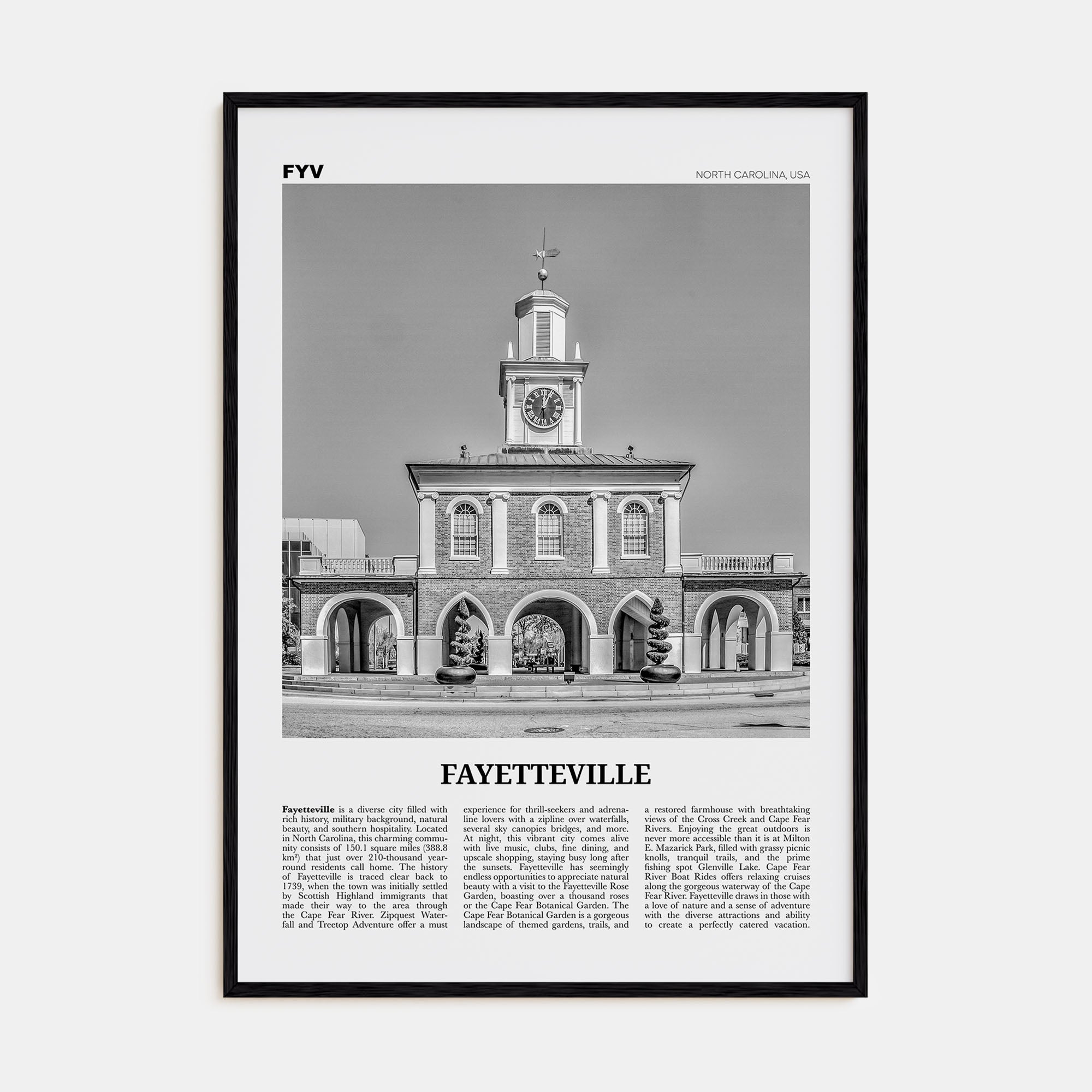 Fayetteville, North Carolina Travel B&W Poster