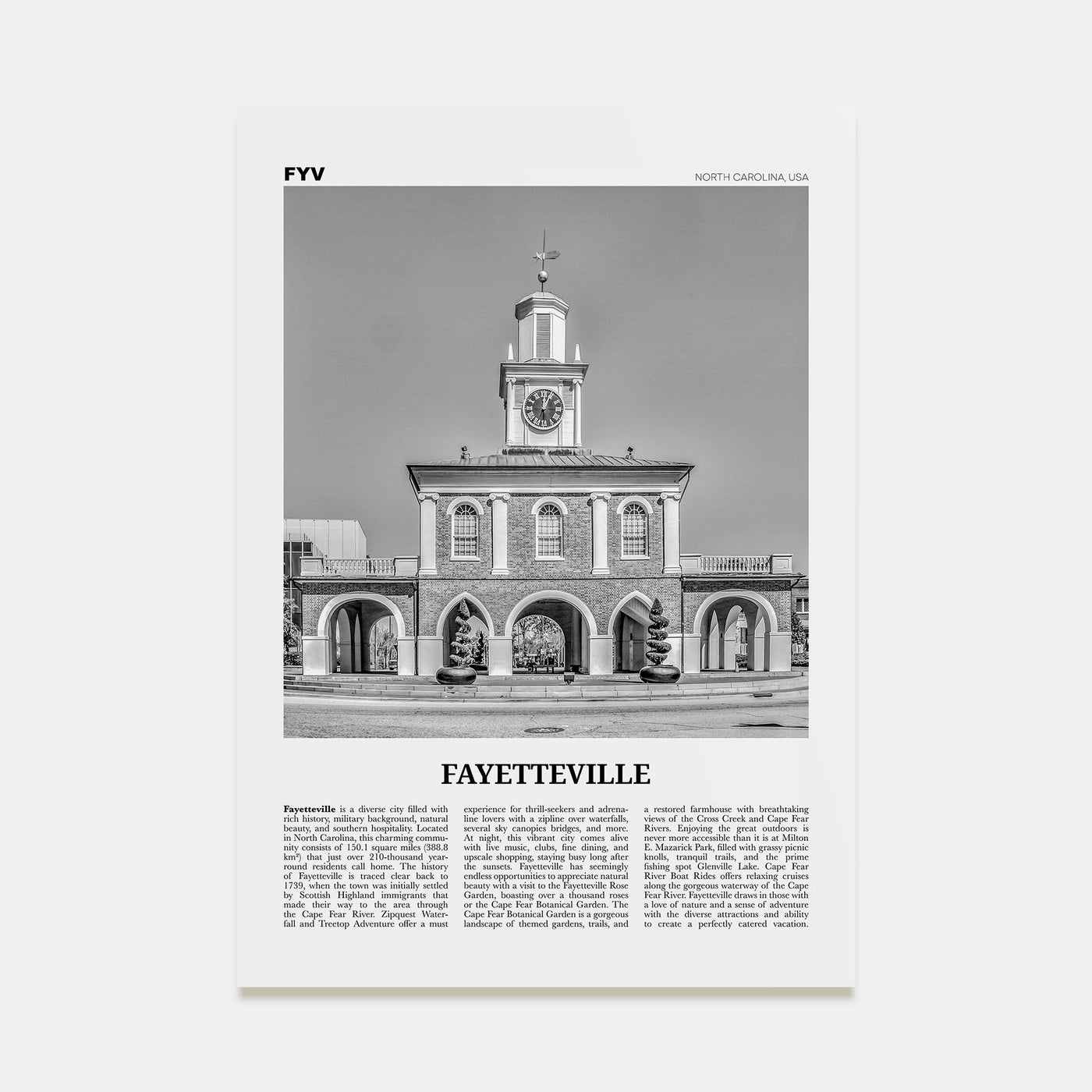 Fayetteville, North Carolina Travel B&W Poster