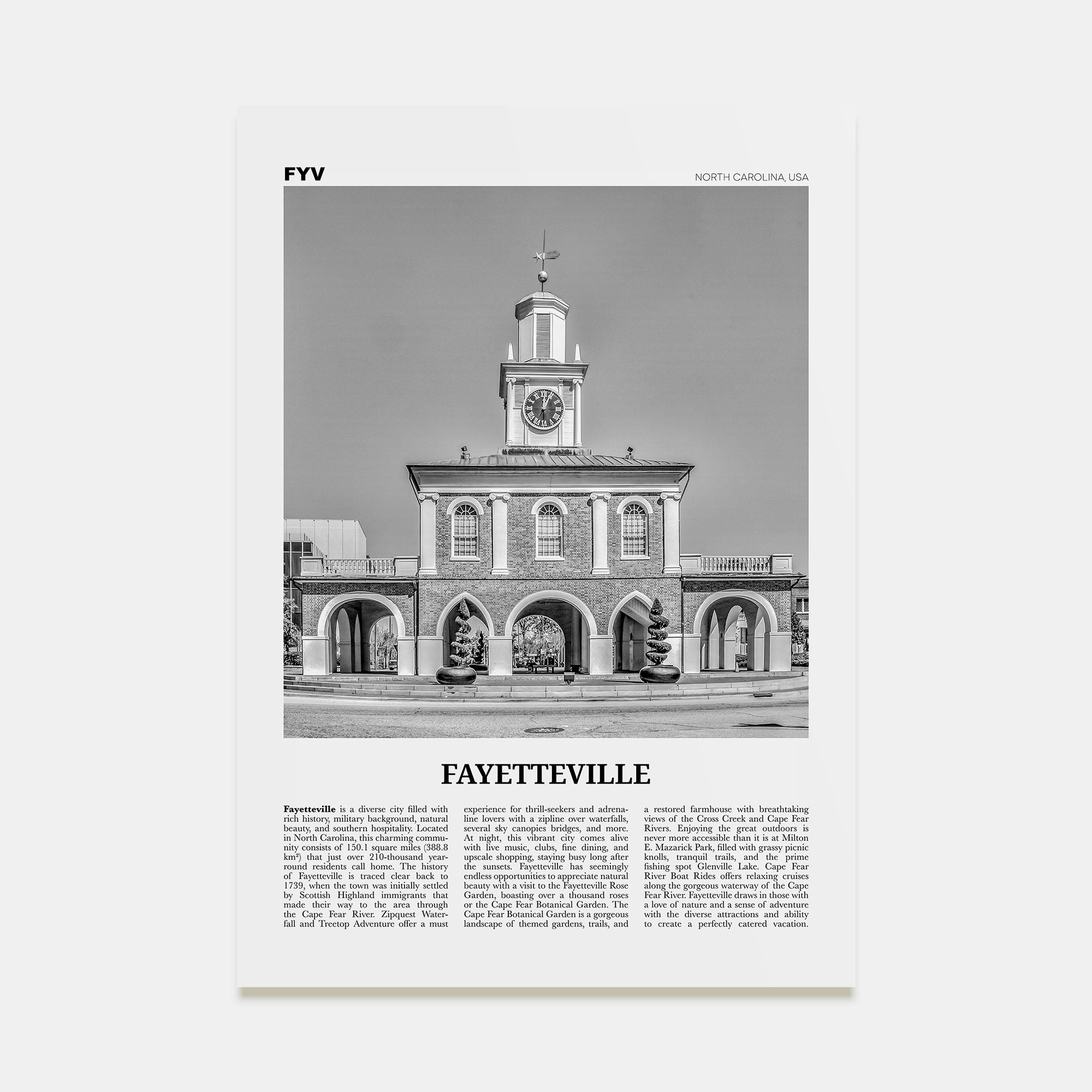 Fayetteville, North Carolina Travel B&W Poster