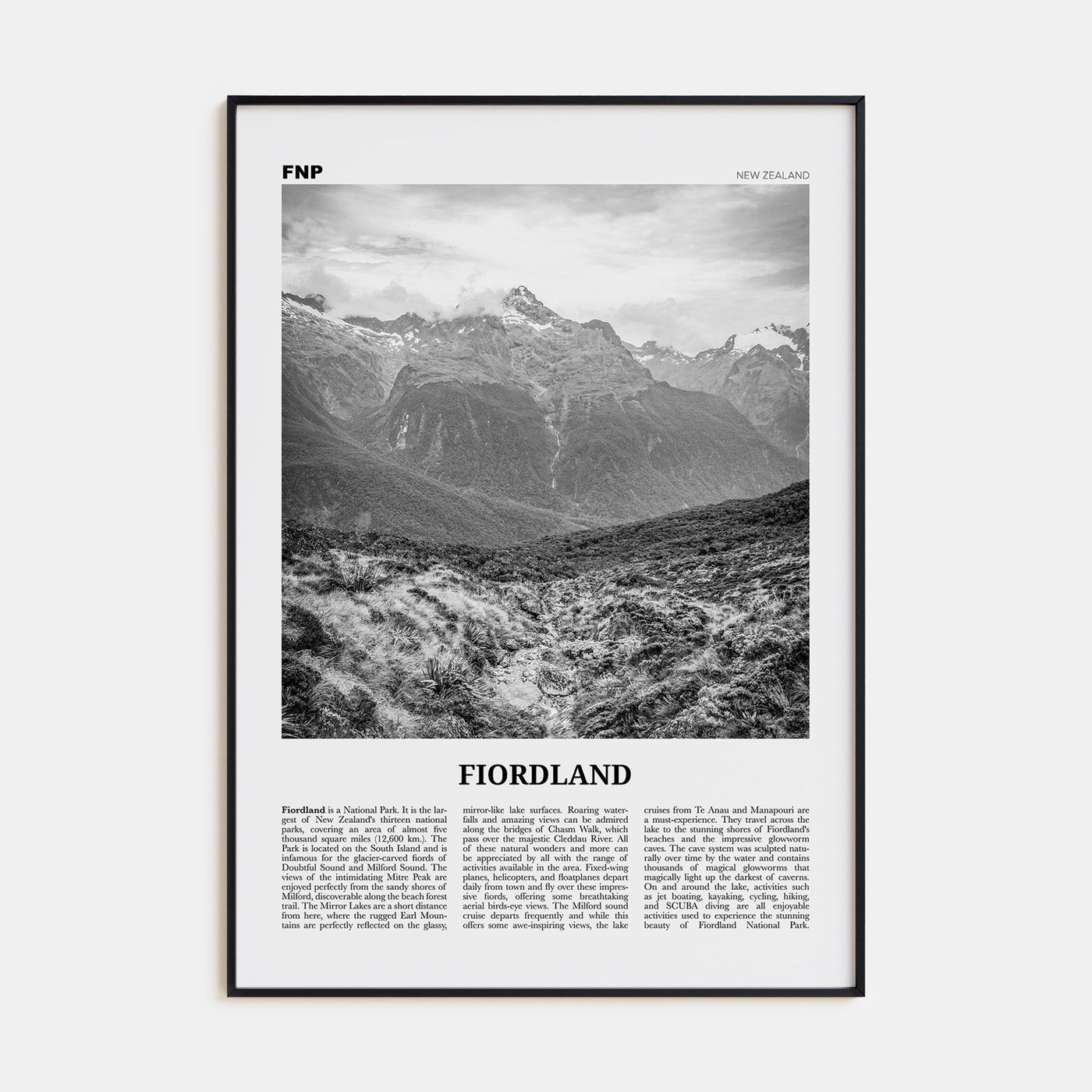 Fiordland National Park Travel B&W Poster