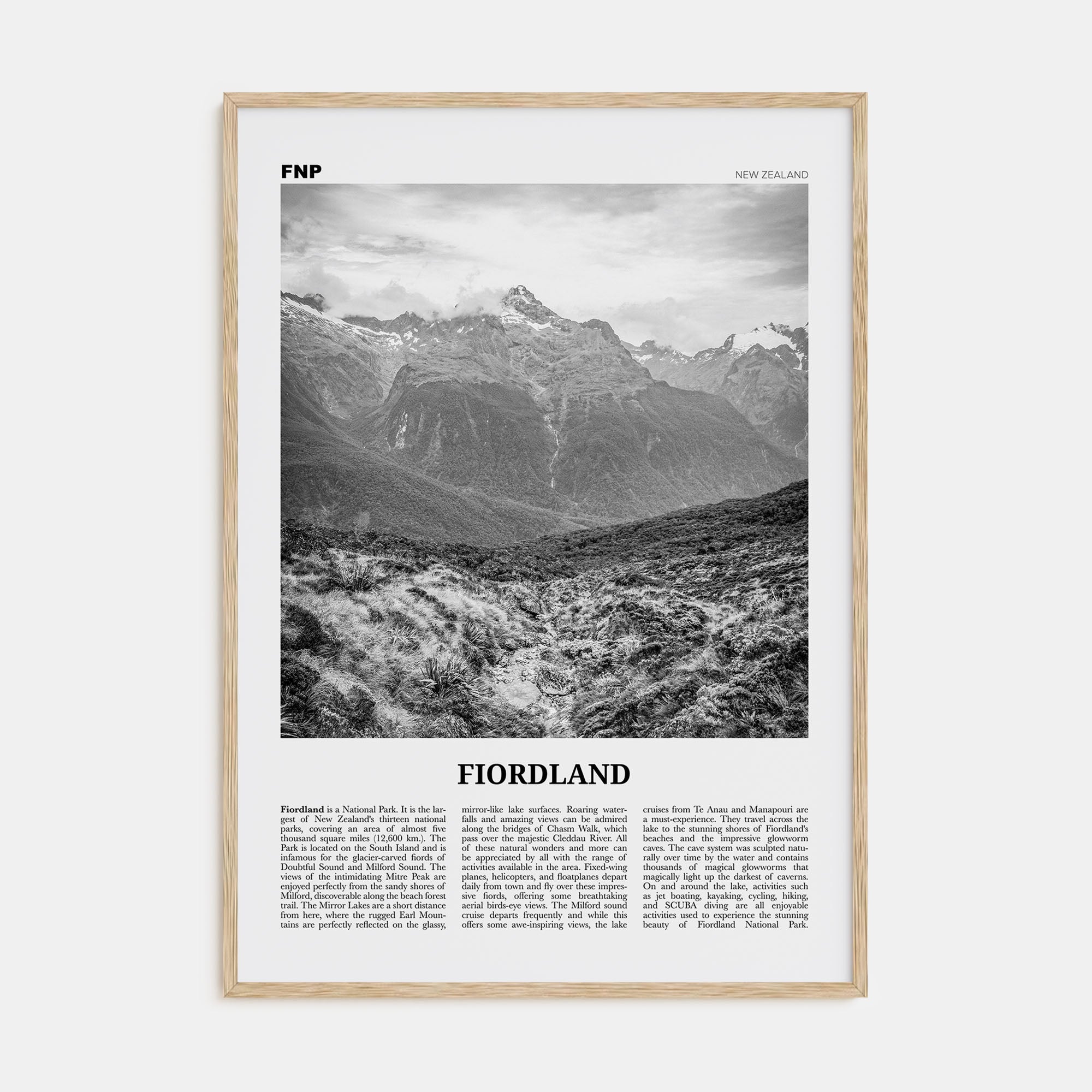 Fiordland National Park Travel B&W Poster