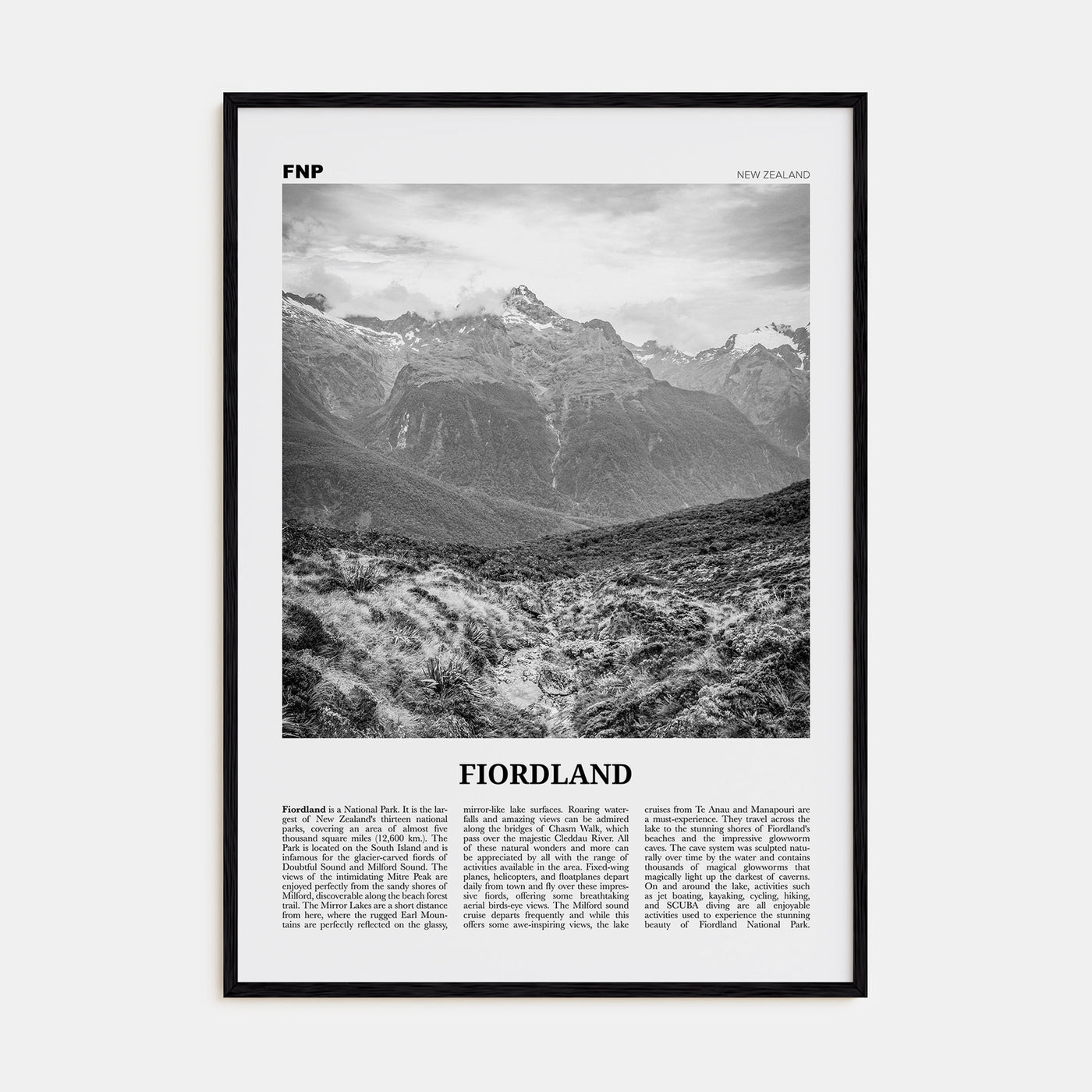 Fiordland National Park Travel B&W Poster