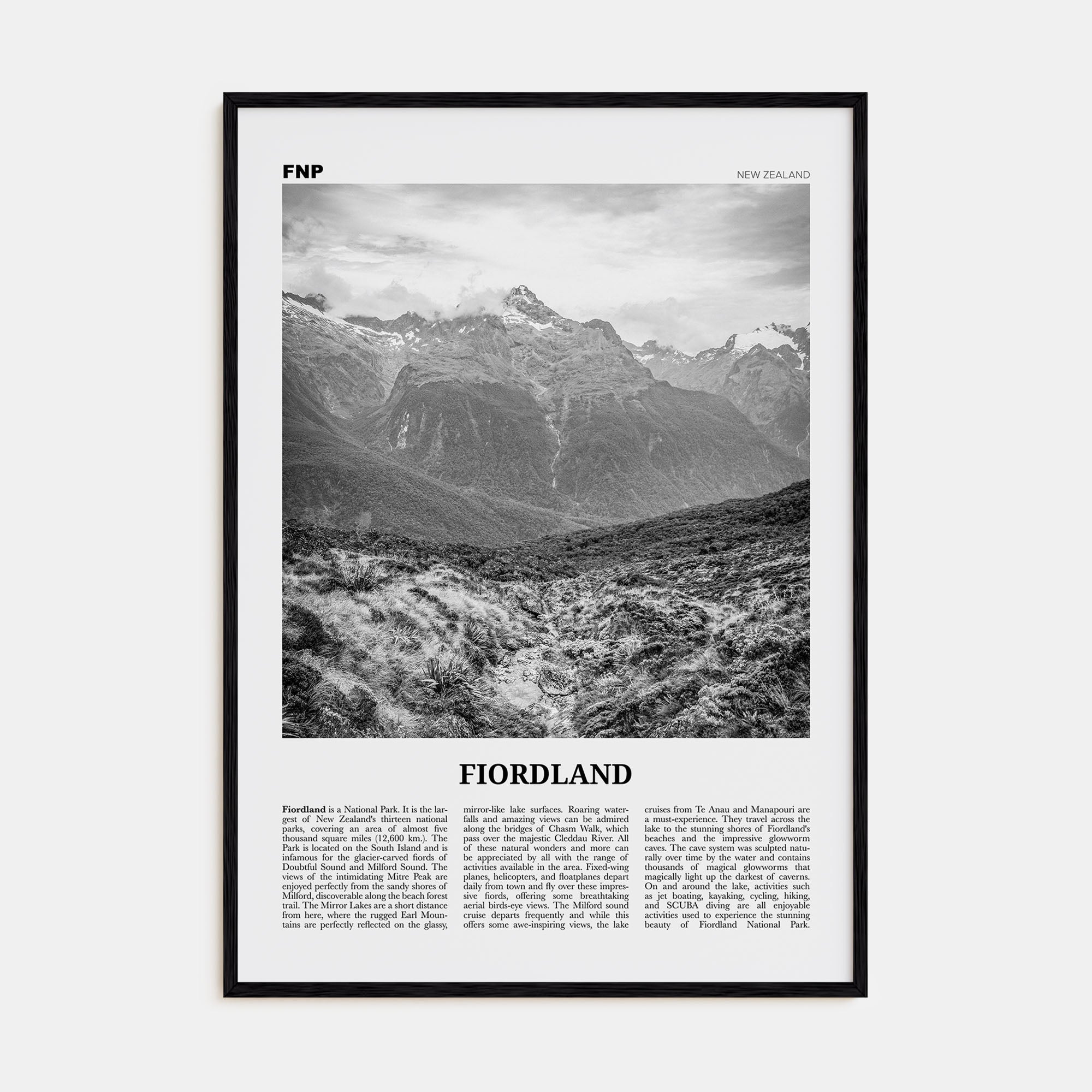 Fiordland National Park Travel B&W Poster