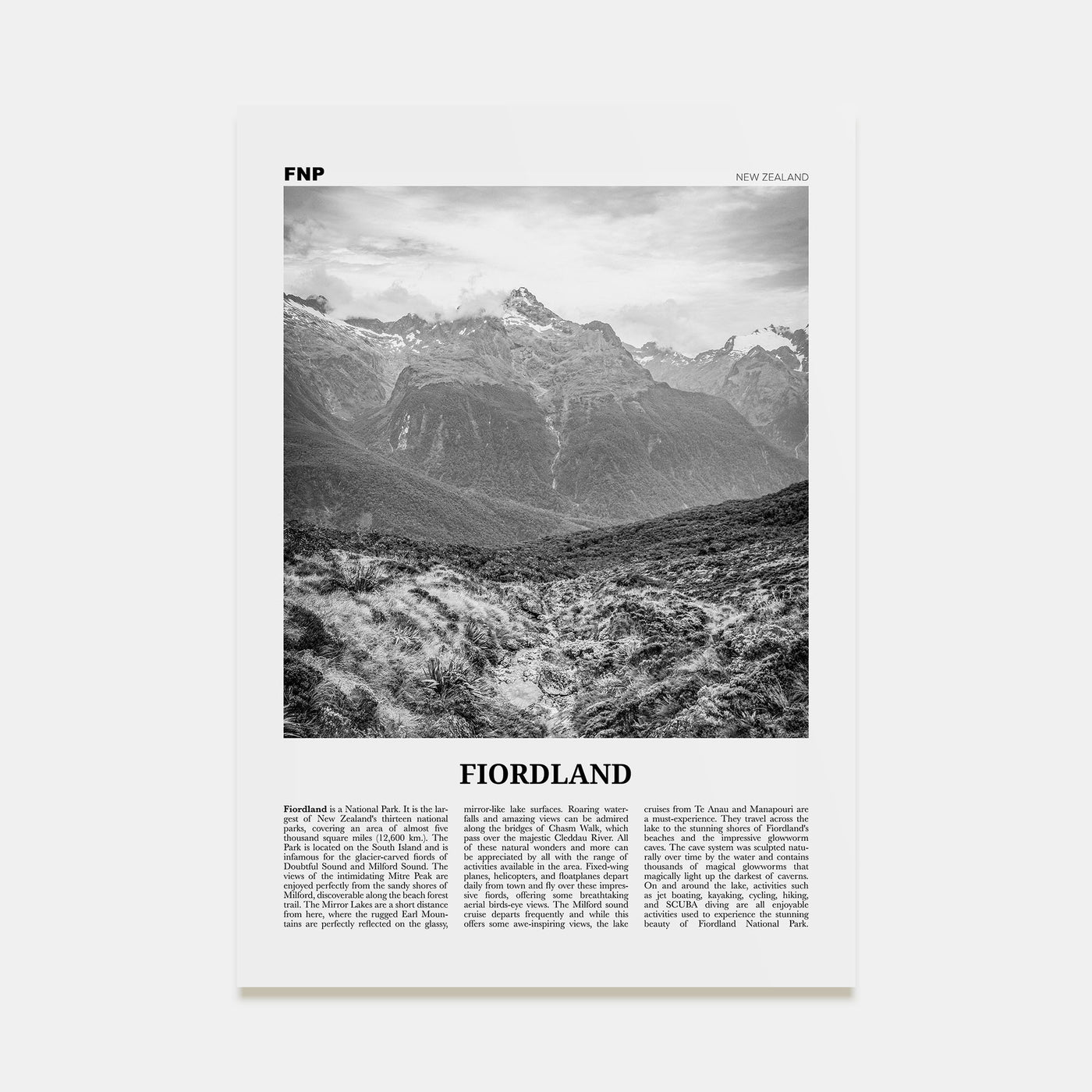 Fiordland National Park Travel B&W Poster