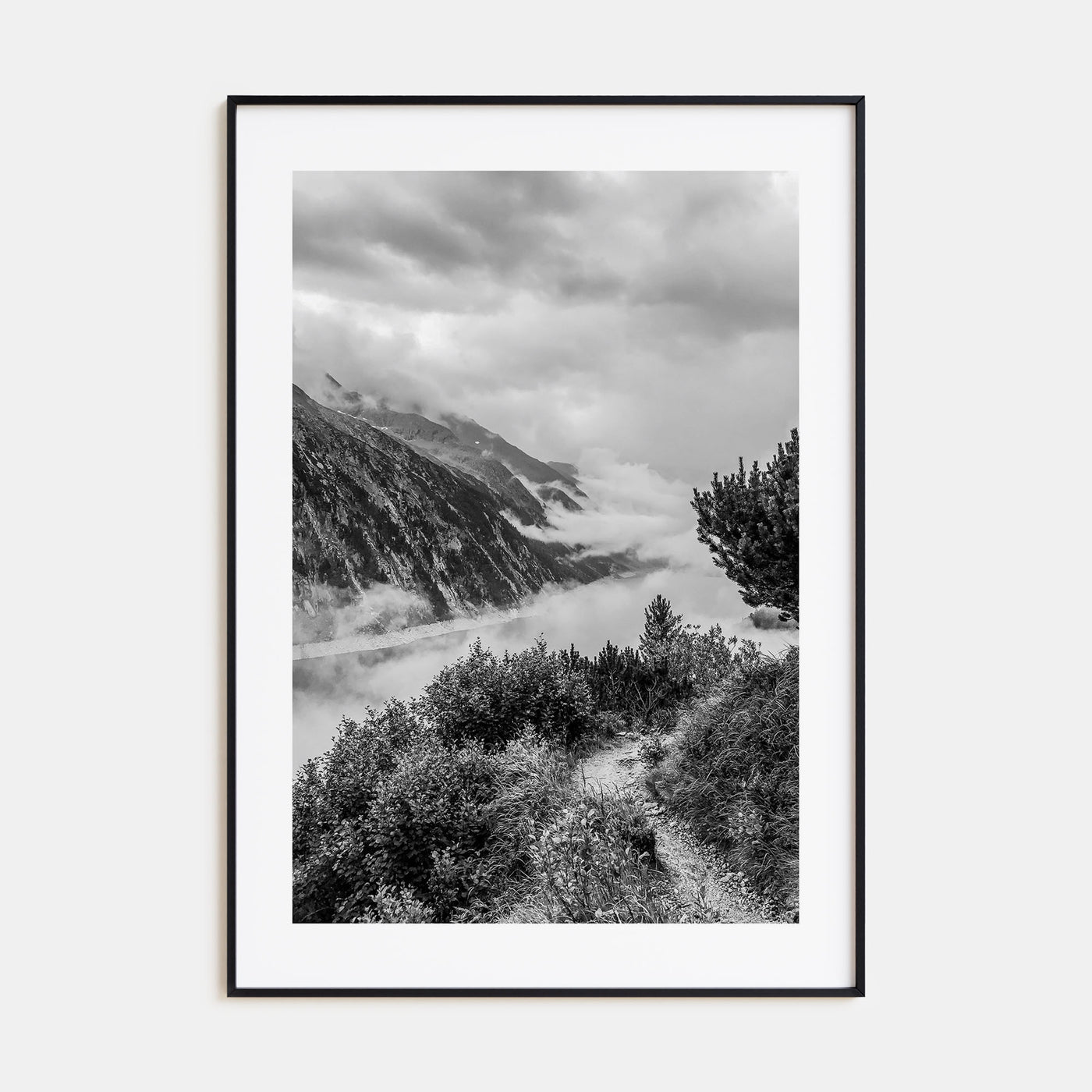 Foggy Lake Mountains Photo B&W No 2 Poster
