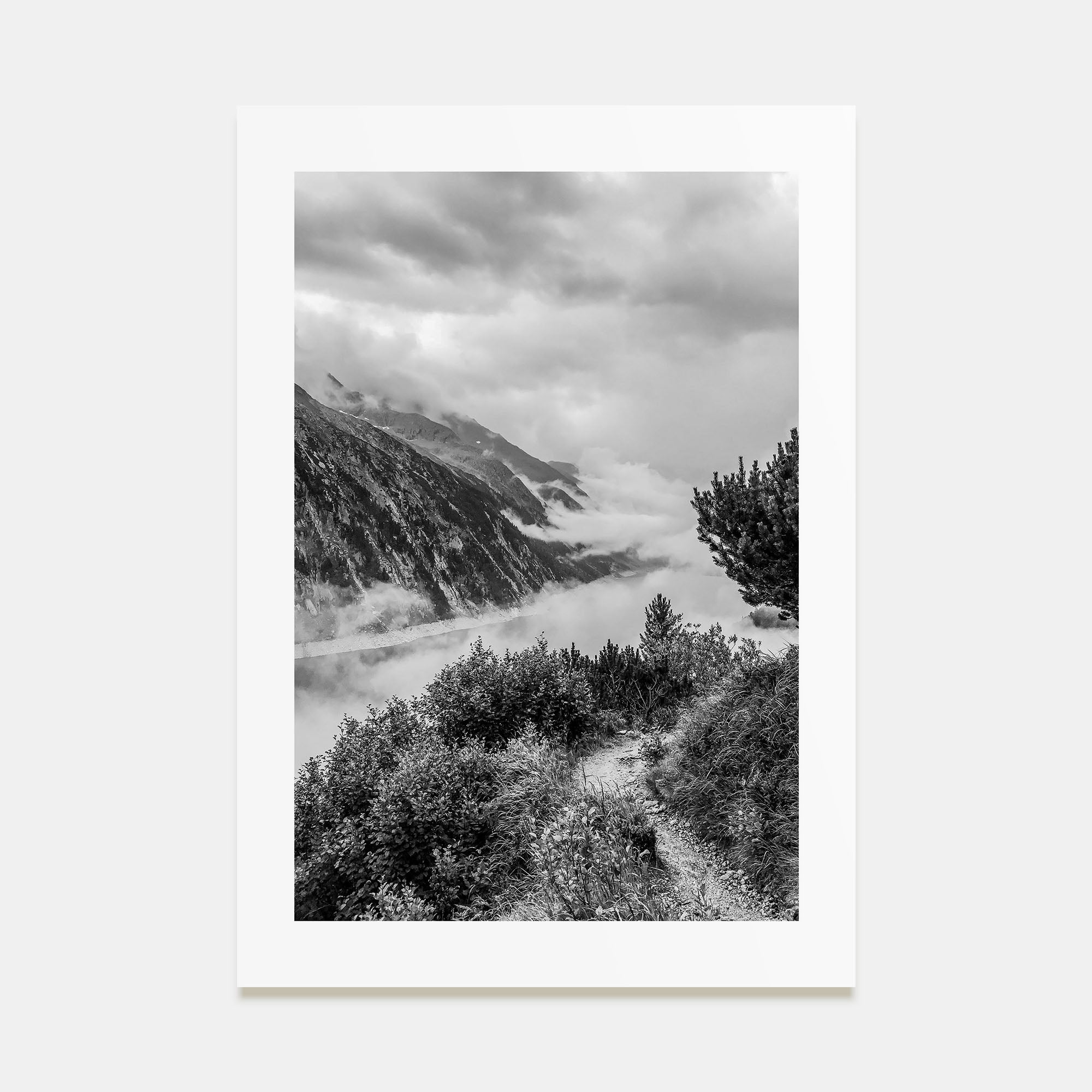 Foggy Lake Mountains Photo B&W No 2 Poster