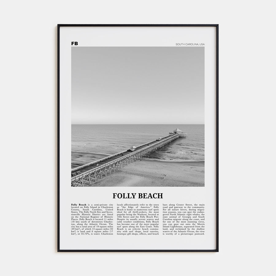 Folly Beach Travel B&W Poster