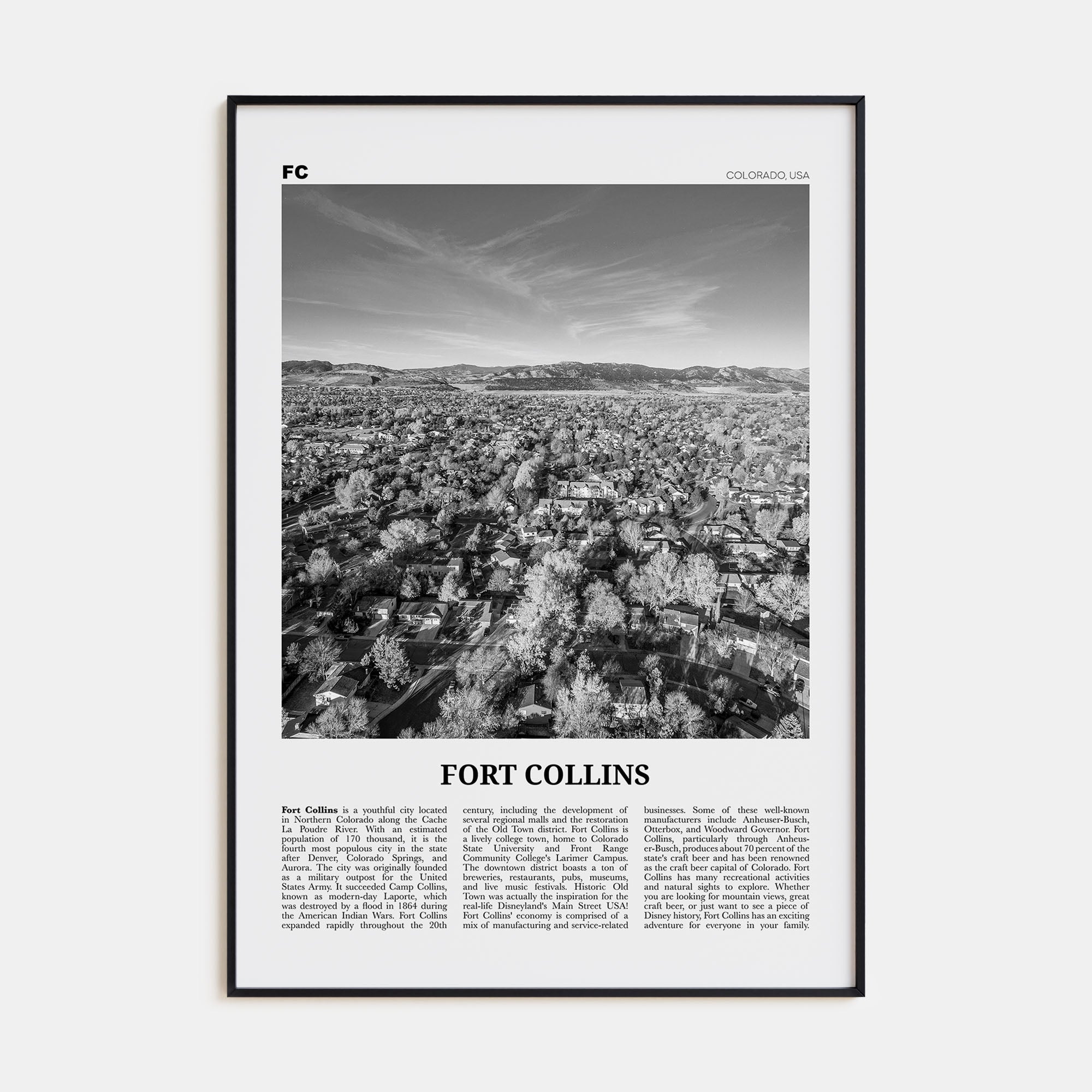 Fort Collins Travel B&W Poster