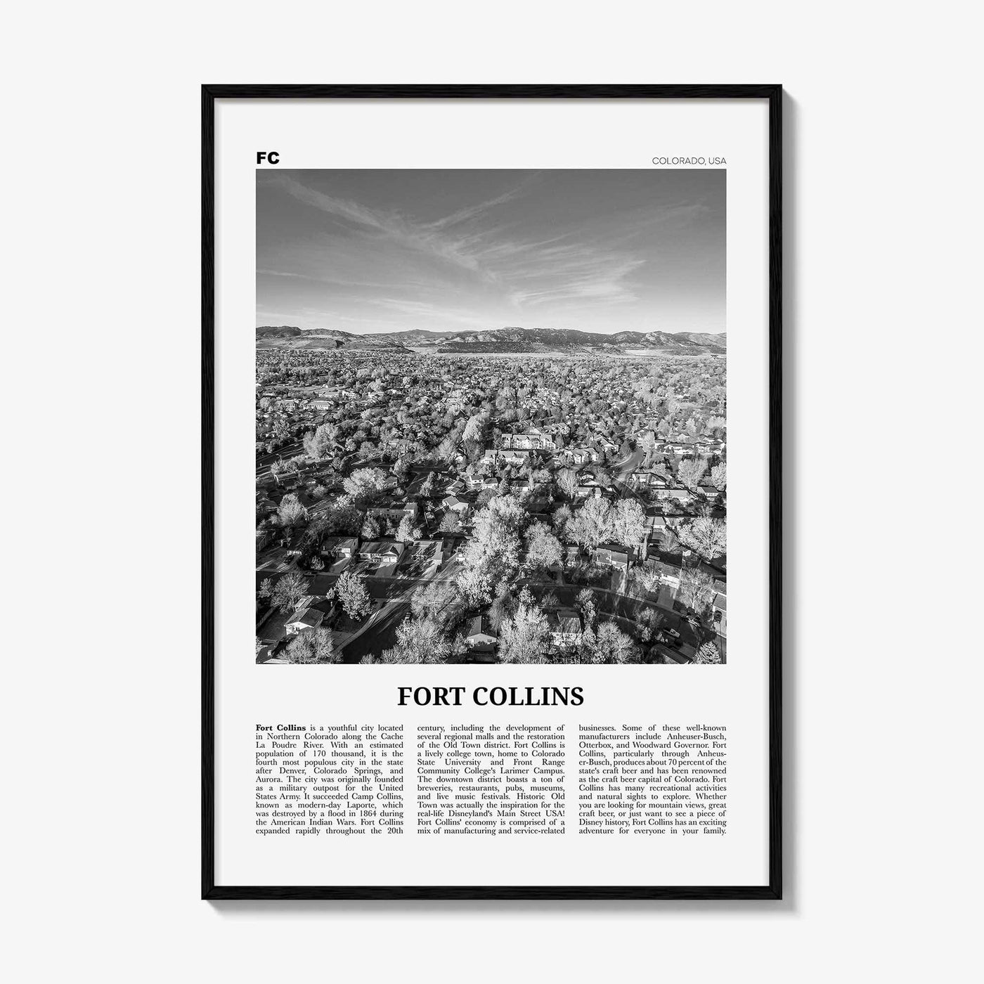 Fort Collins Print Black and White, Fort Collins Wall Art, Fort Collins Poster, Fort Collins Photo, Fort Collins Décor, Colorado, USA