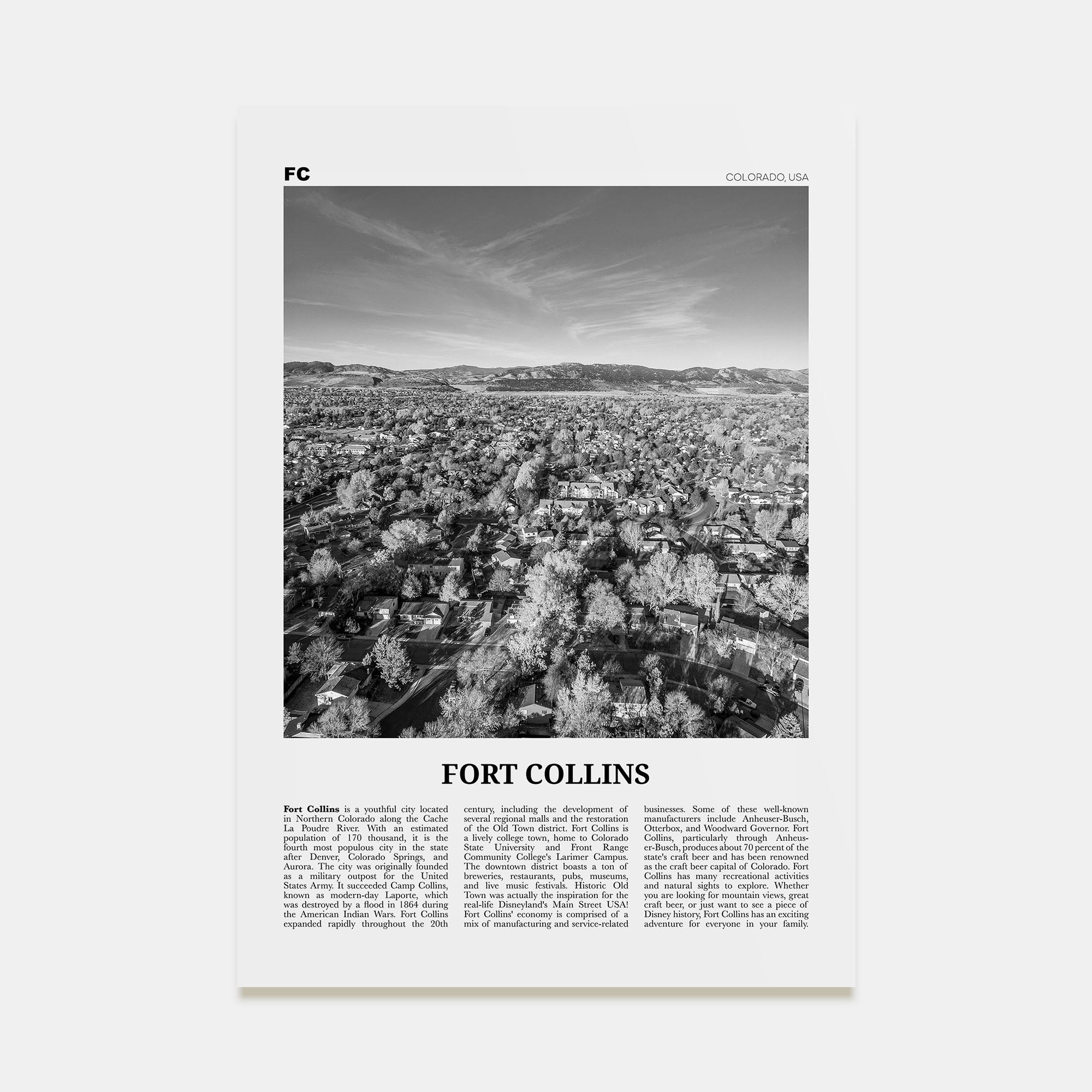Fort Collins Travel B&W Poster
