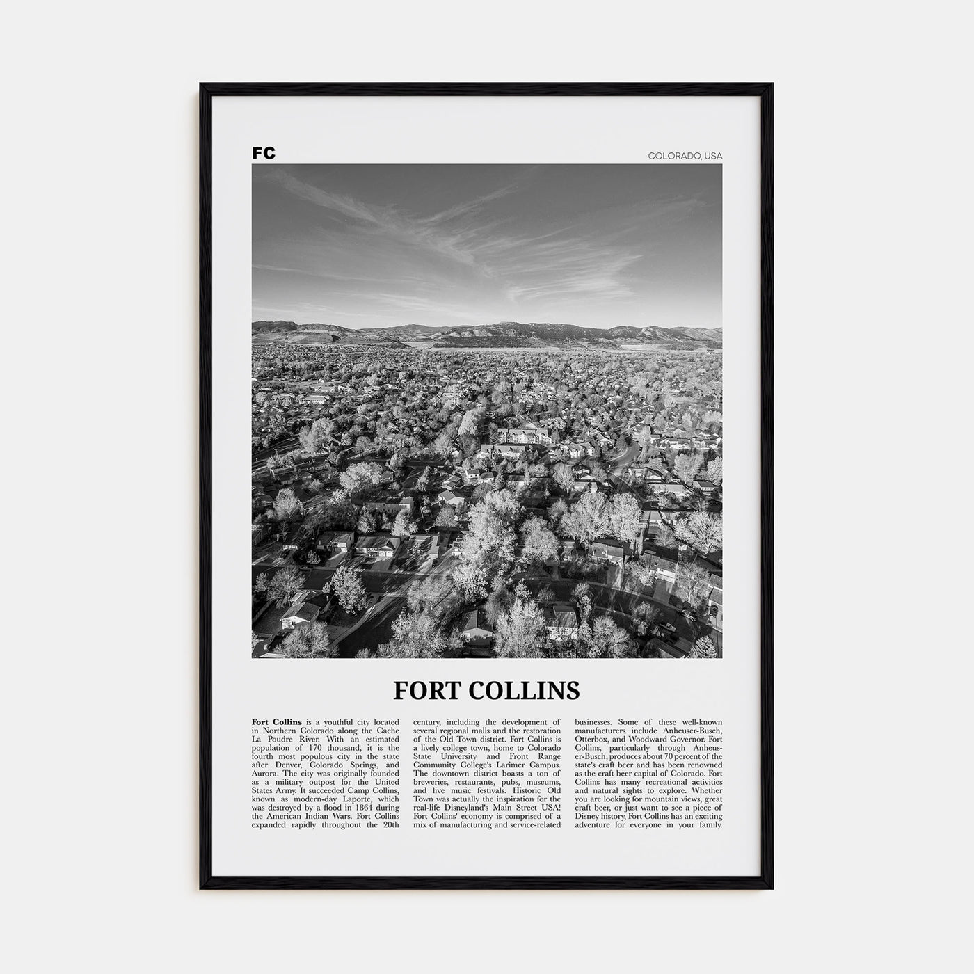 Fort Collins Travel B&W Poster