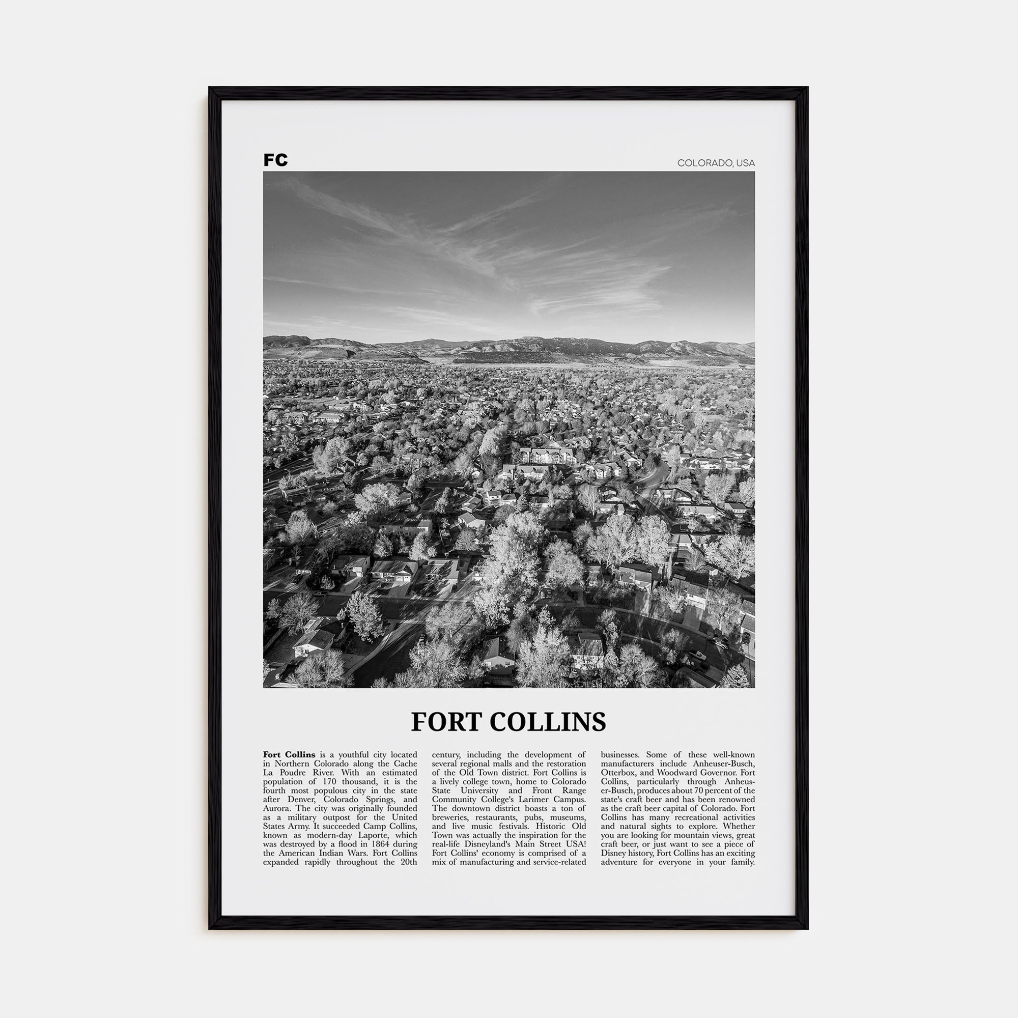 Fort Collins Travel B&W Poster