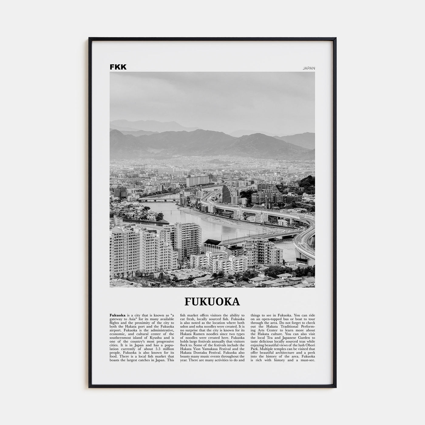 Fukuoka Travel B&W Poster