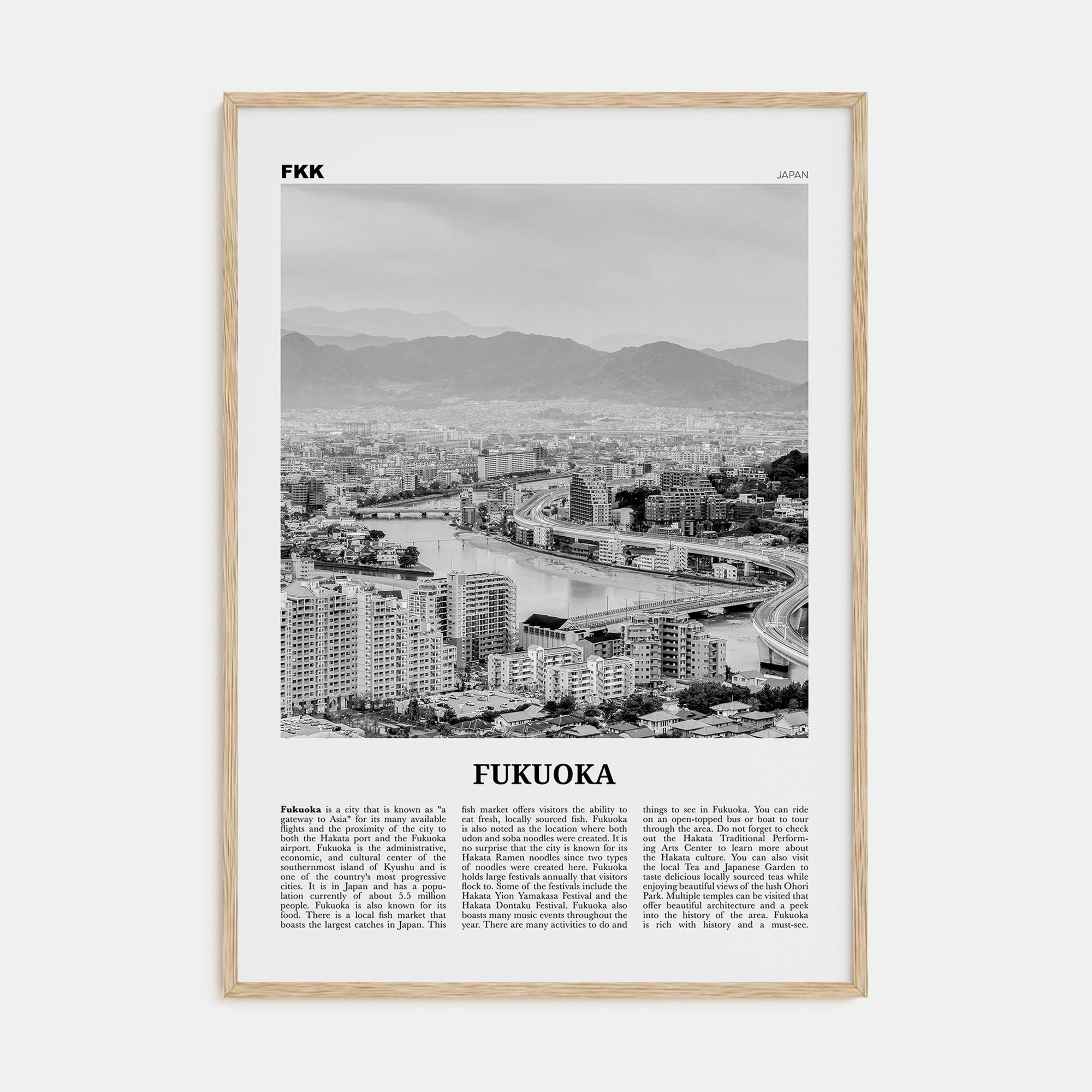 Fukuoka Travel B&W Poster