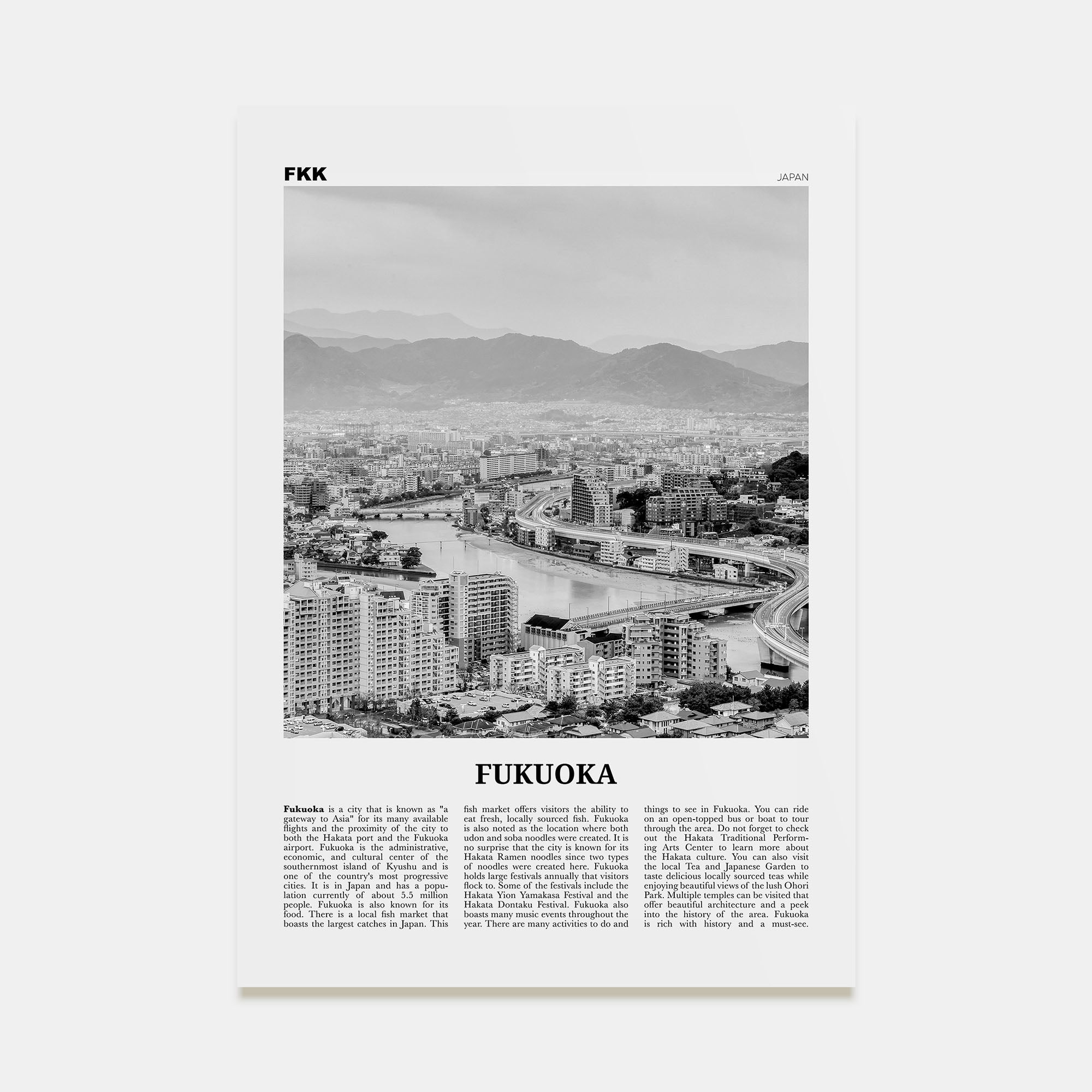 Fukuoka Travel B&W Poster