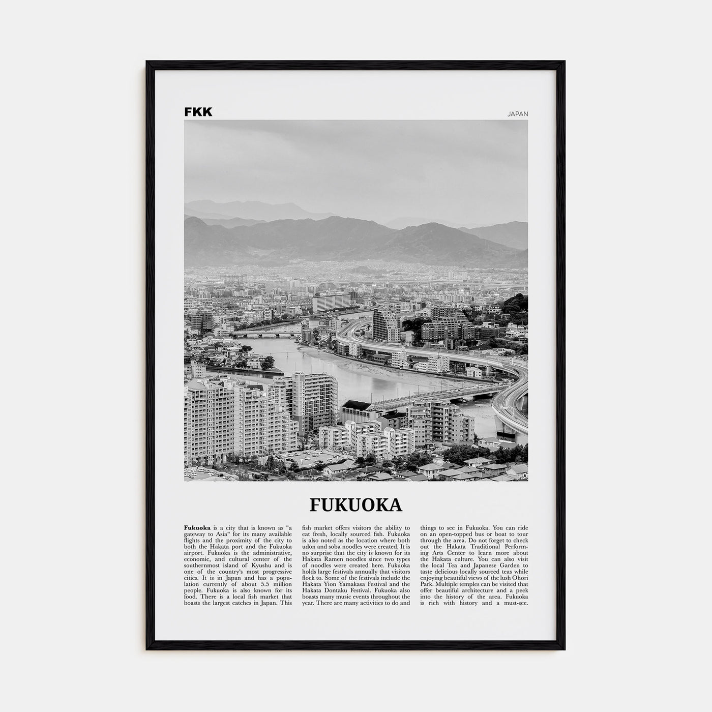 Fukuoka Travel B&W Poster