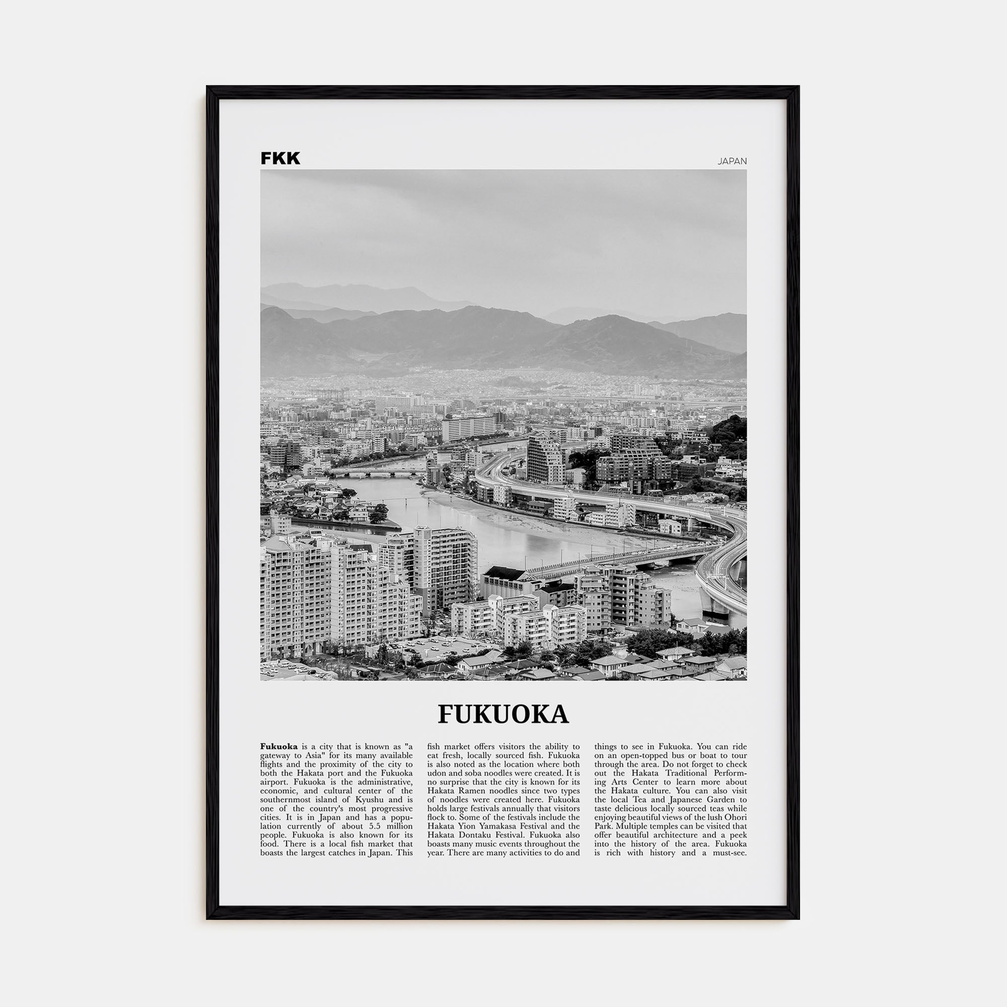 Fukuoka Travel B&W Poster