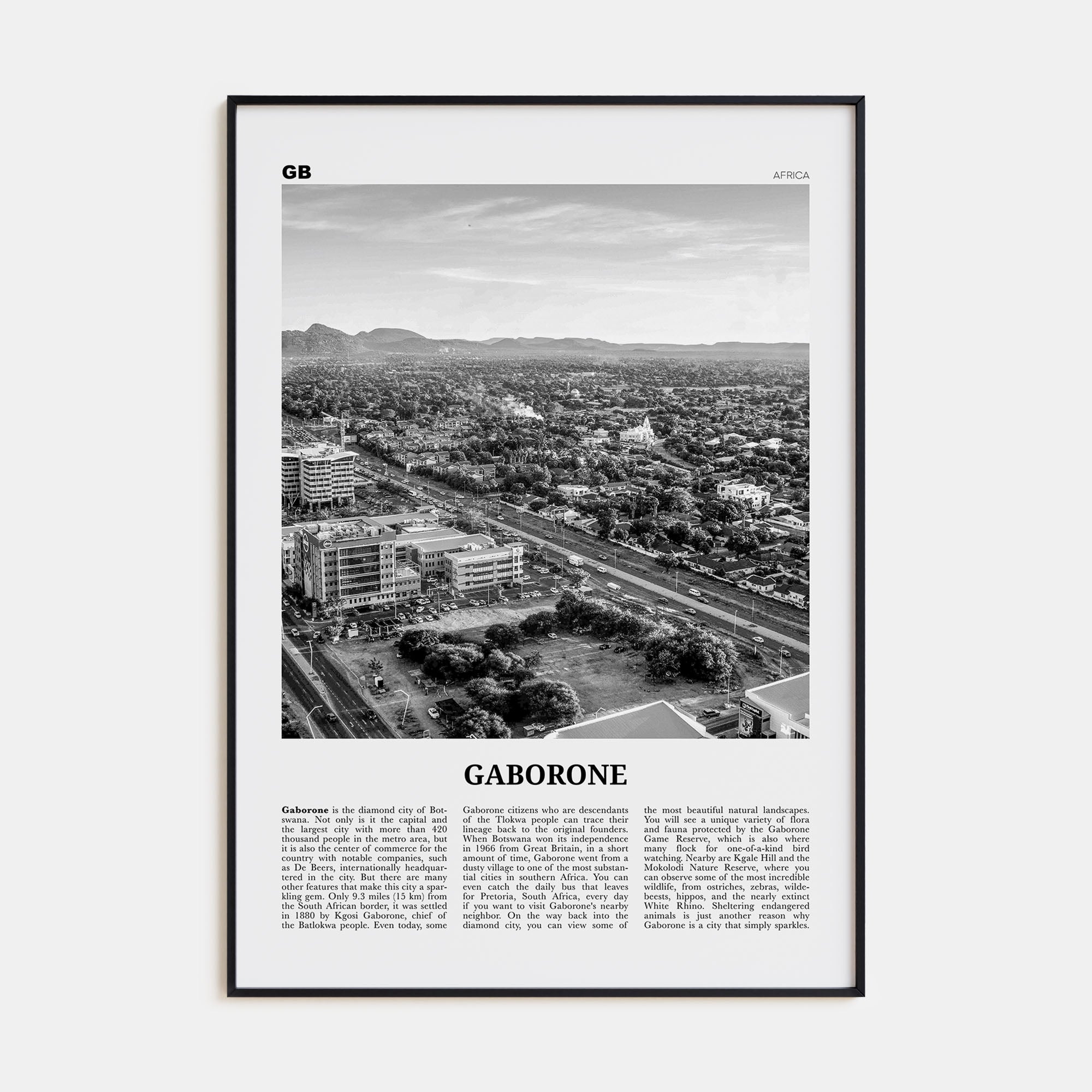 Gaborone Travel B&W Poster