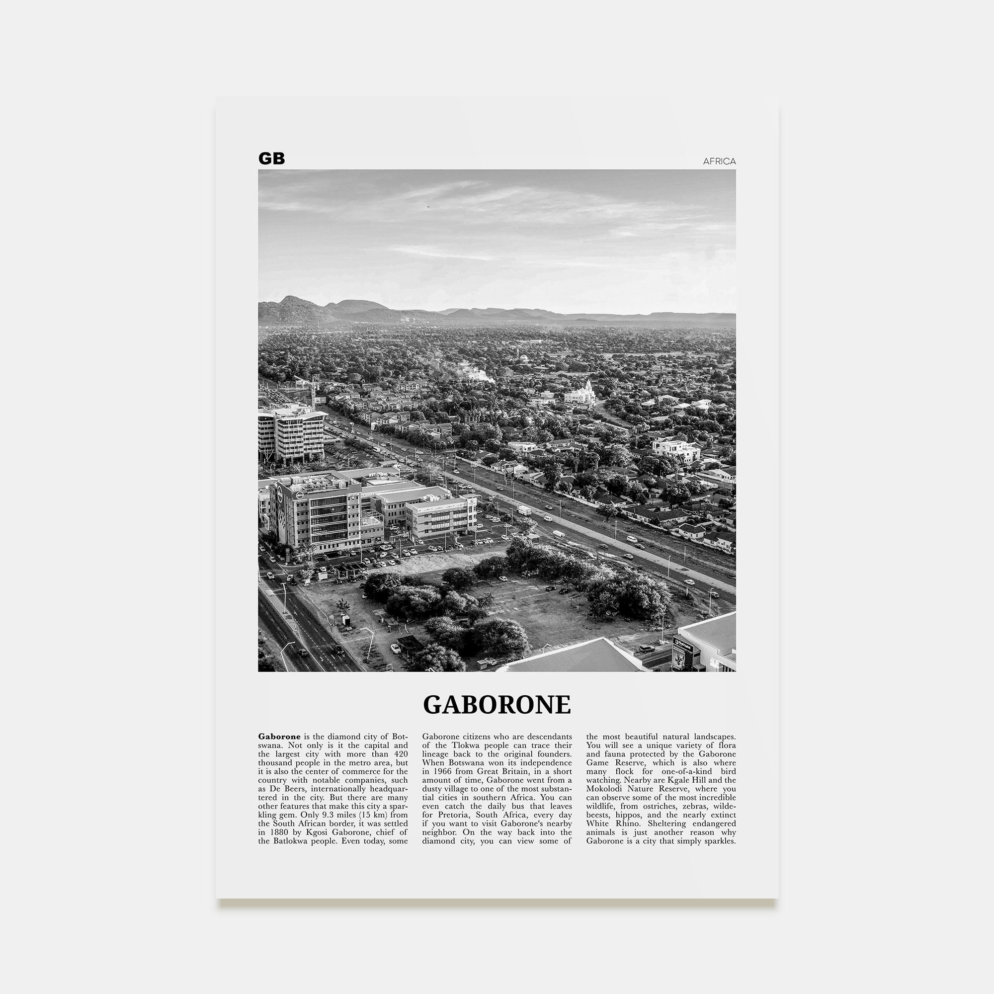 Gaborone Travel B&W Poster