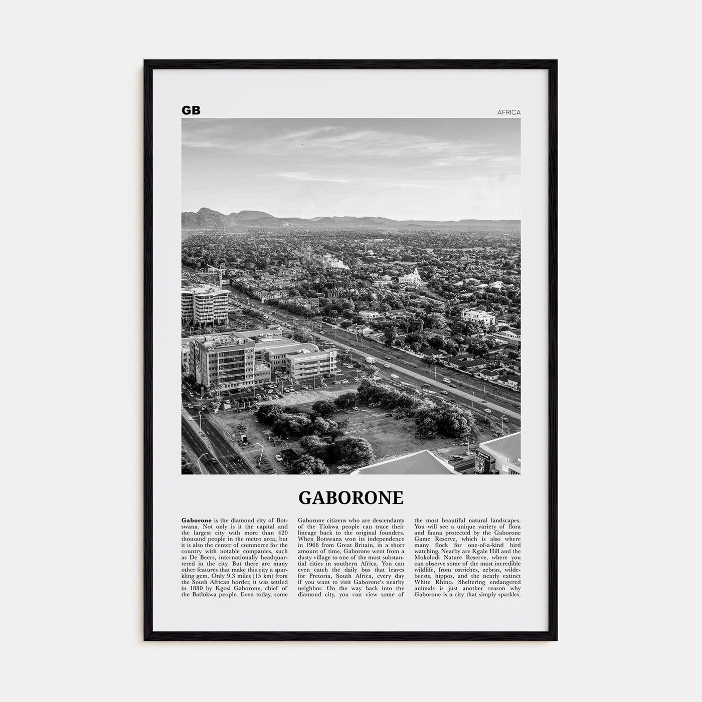 Gaborone Travel B&W Poster