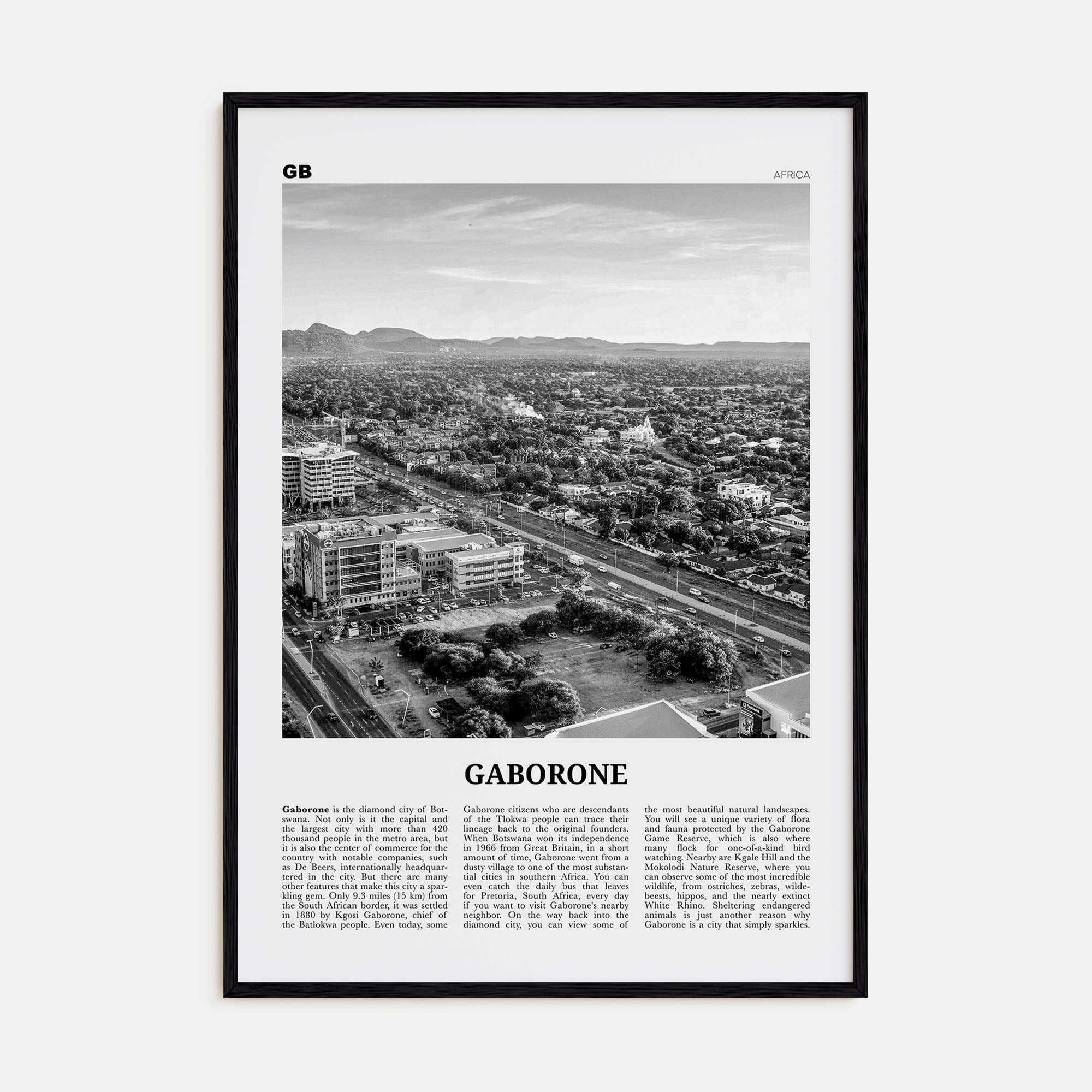 Gaborone Travel B&W Poster
