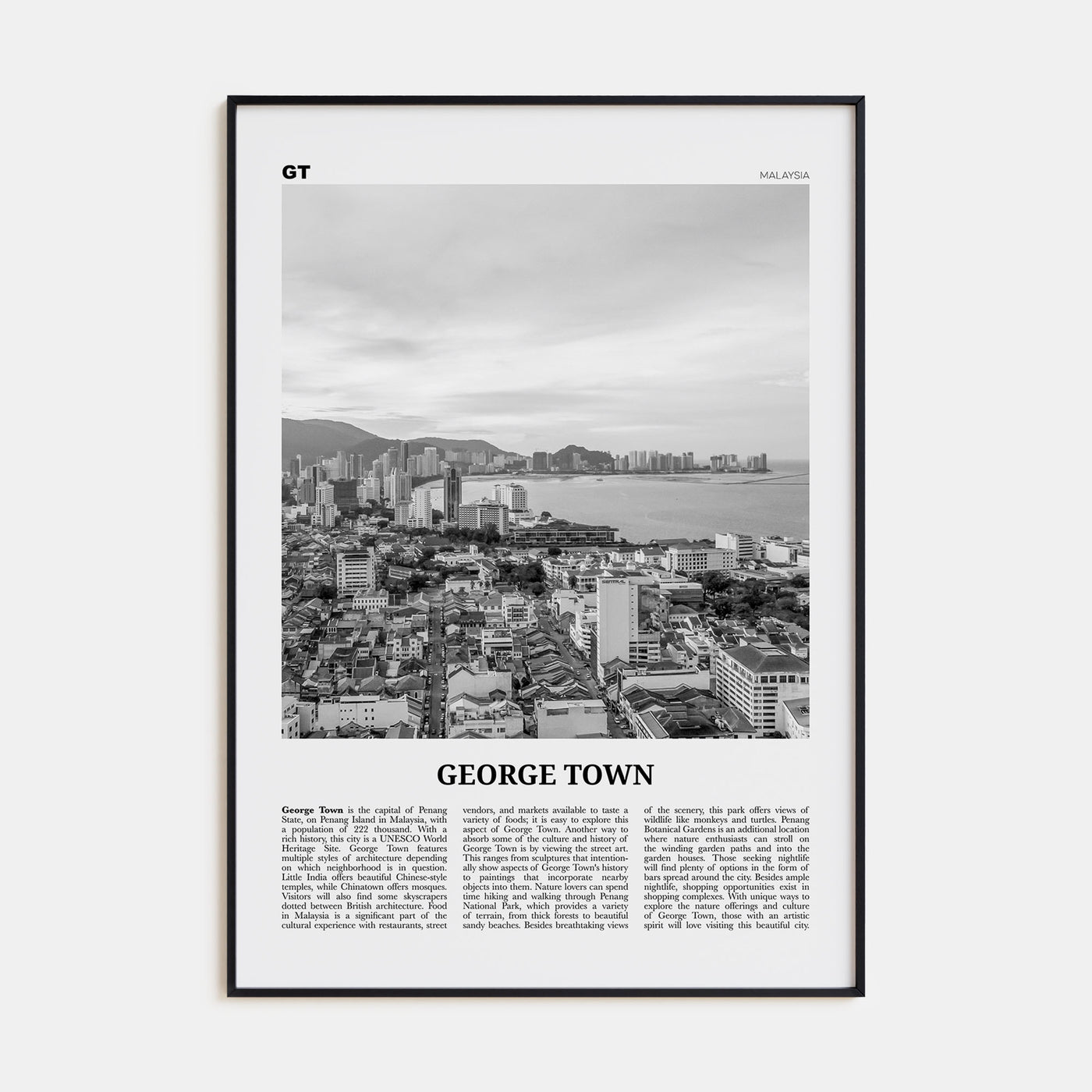 George Town, Malaysia Travel B&W Poster