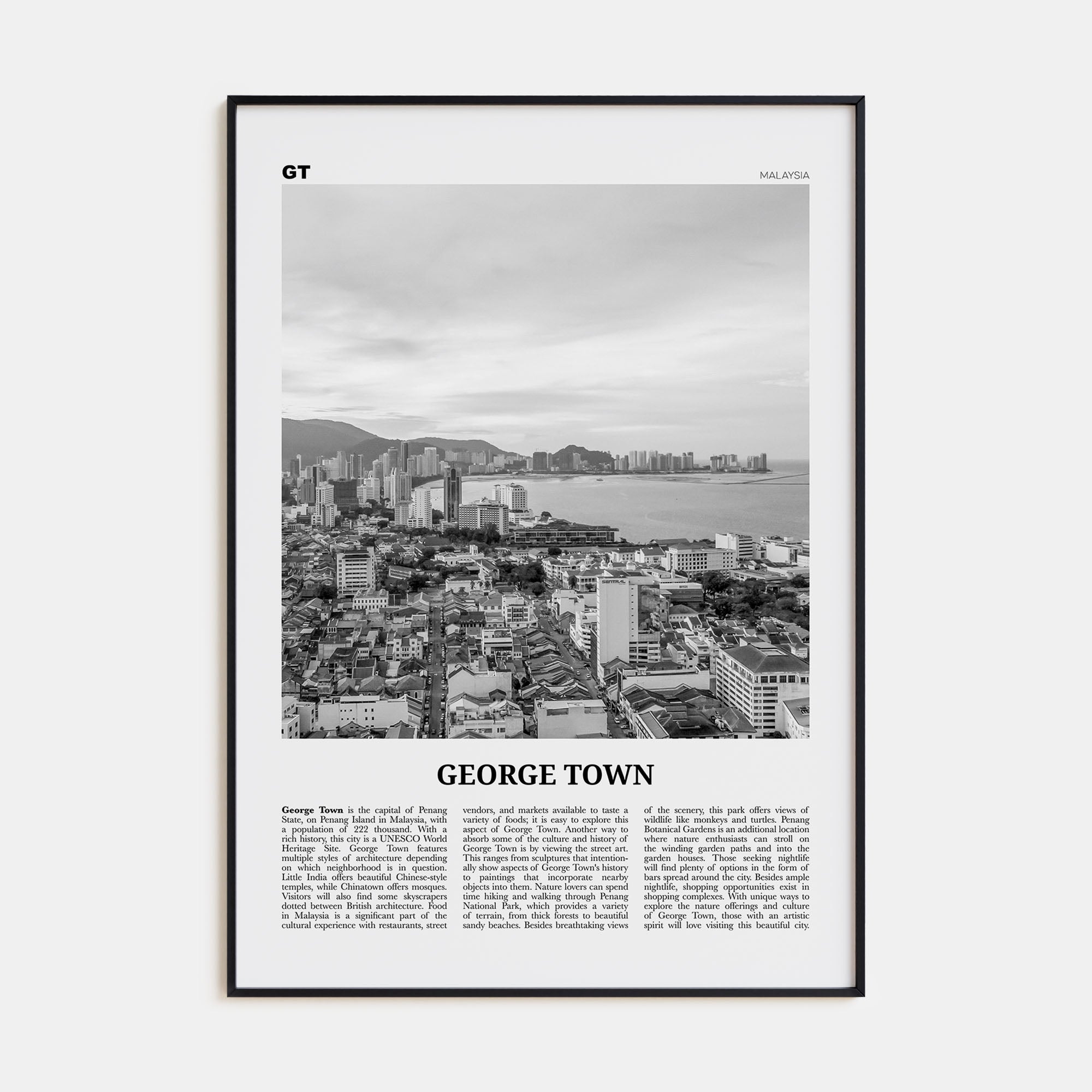 George Town, Malaysia Travel B&W Poster