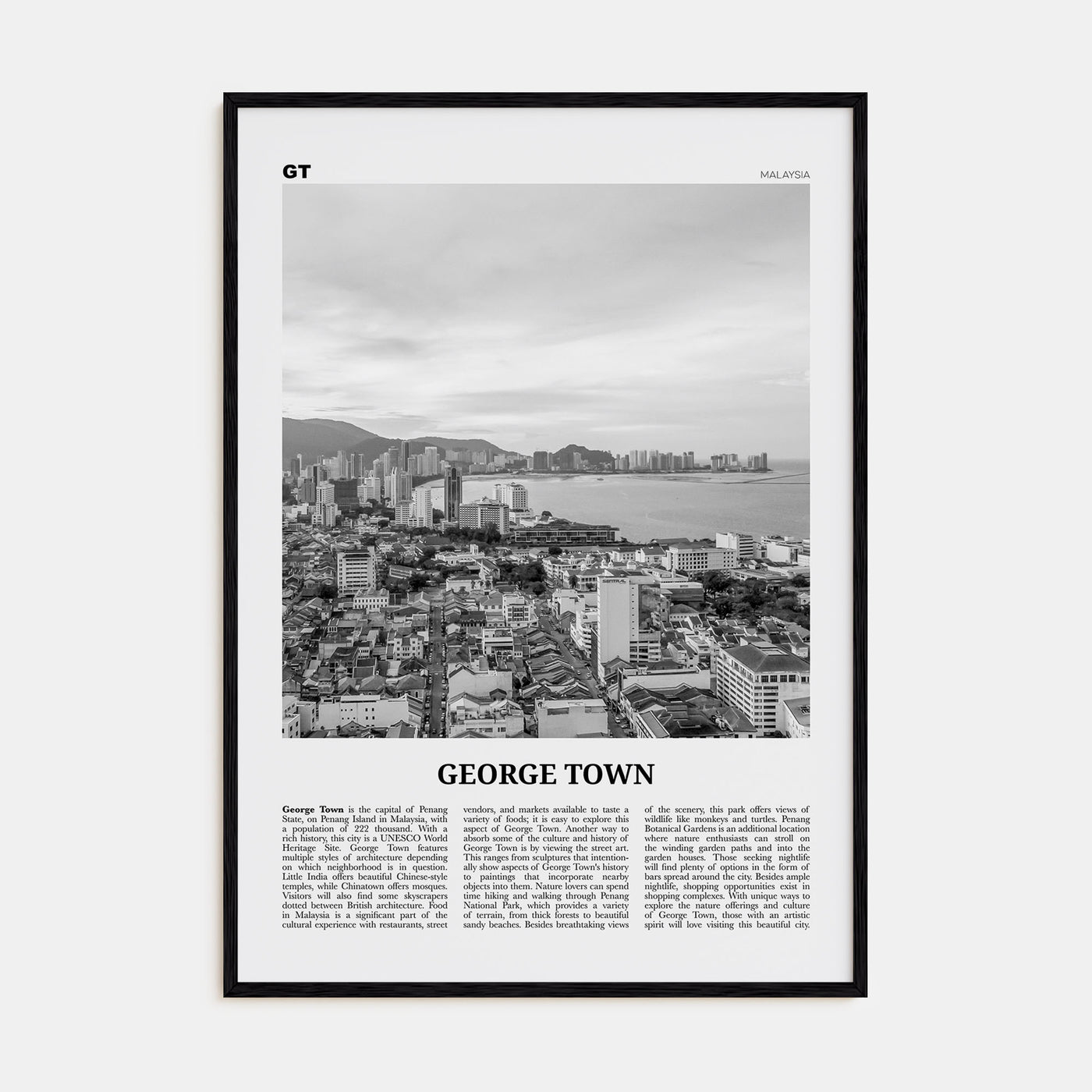 George Town, Malaysia Travel B&W Poster