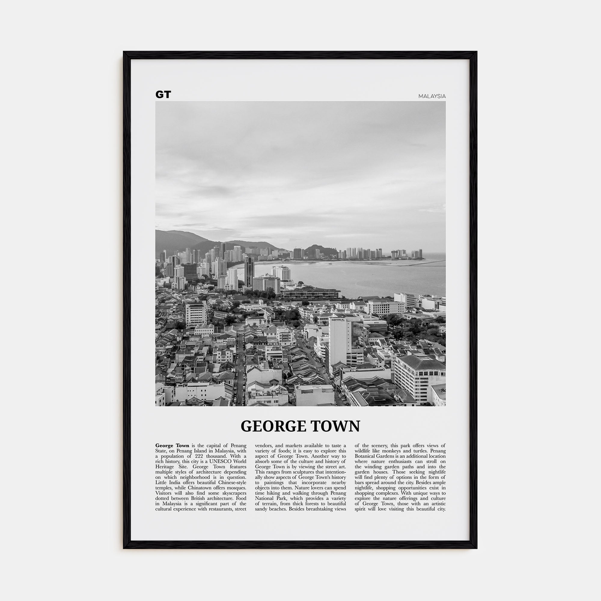 George Town, Malaysia Travel B&W Poster