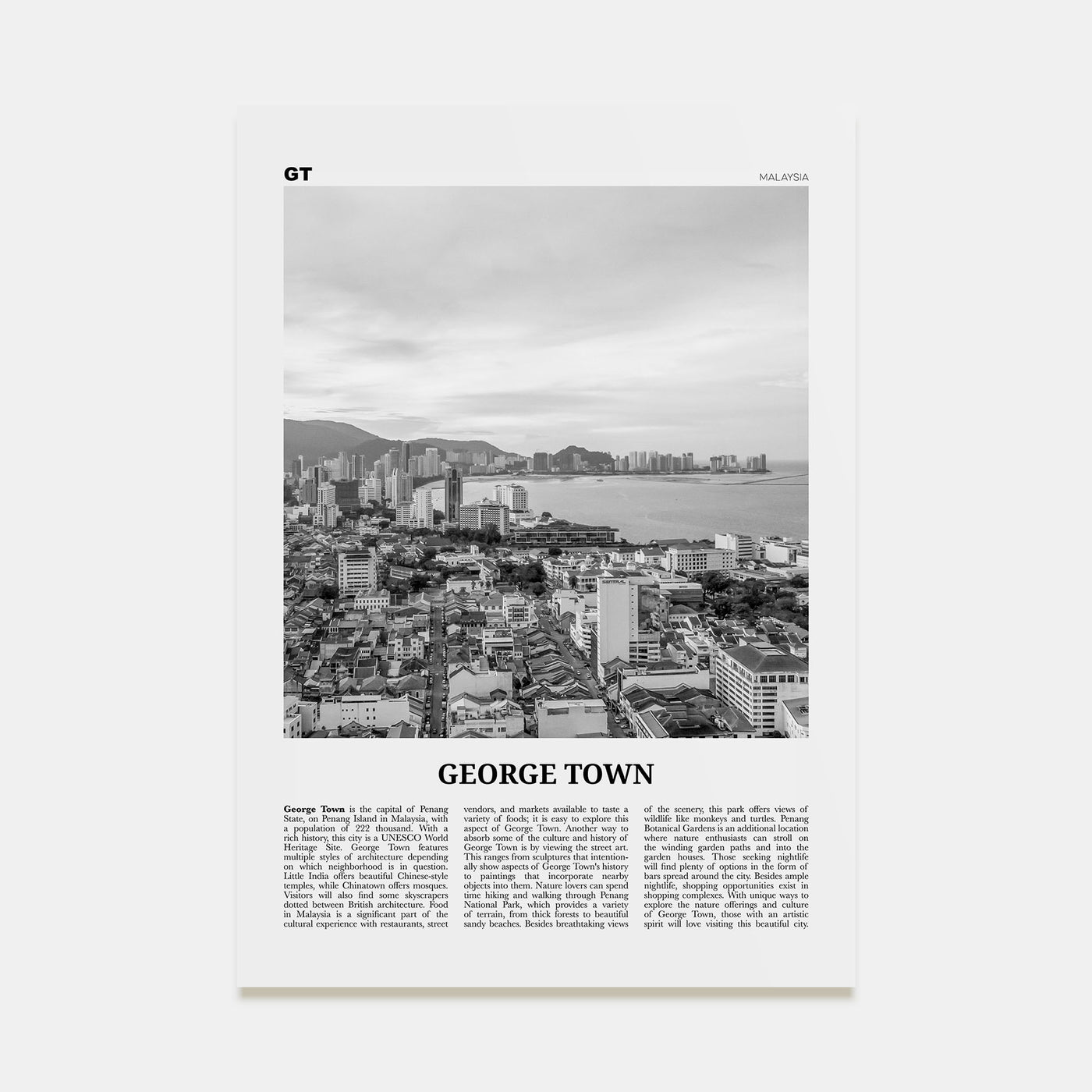 George Town, Malaysia Travel B&W Poster