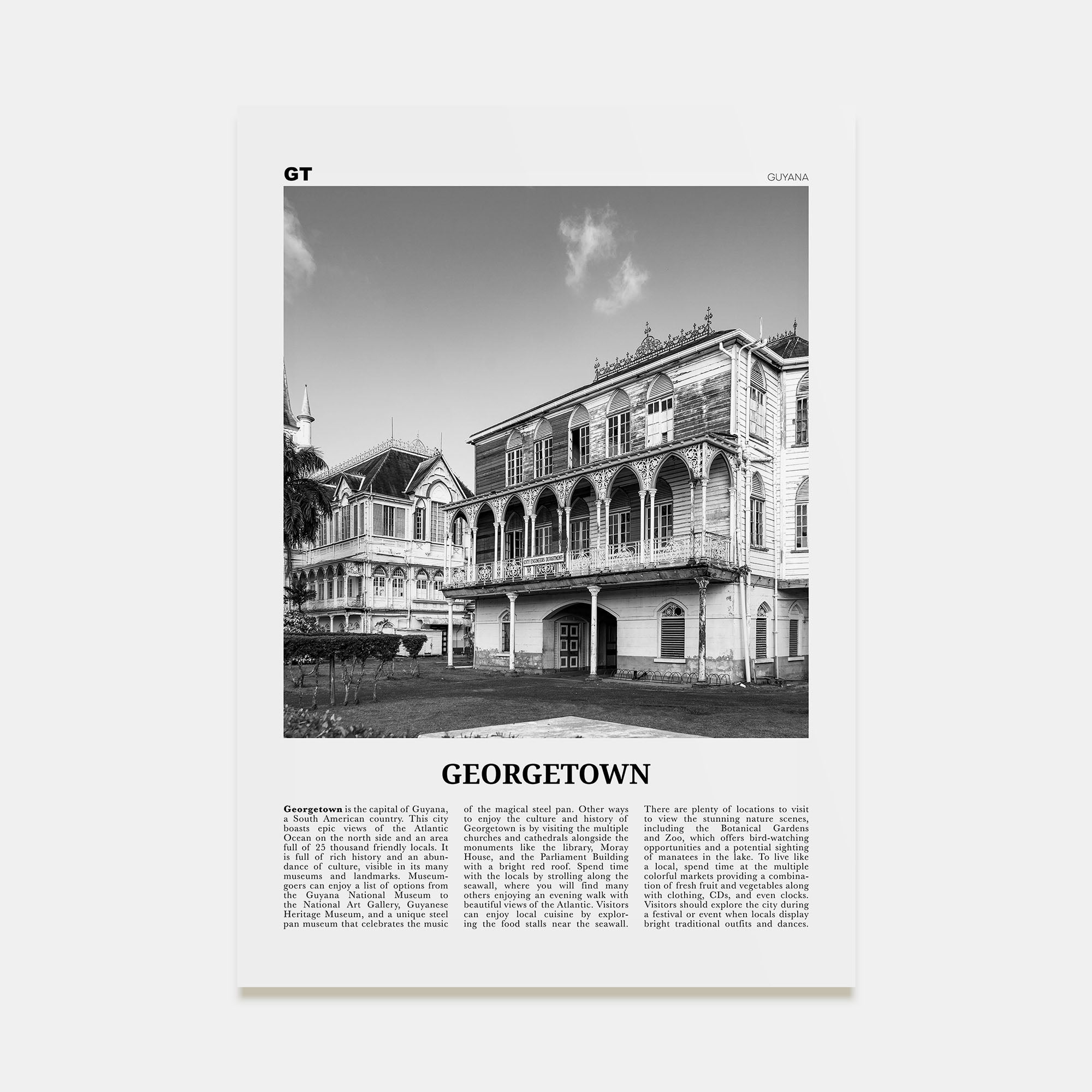 Georgetown, Guyana Travel B&W Poster