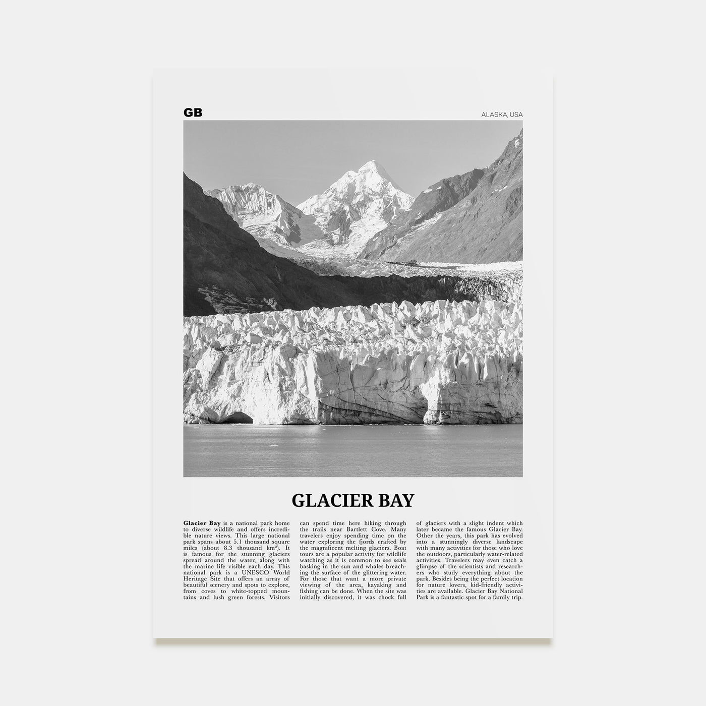 Glacier Bay National Park Travel B&W Poster