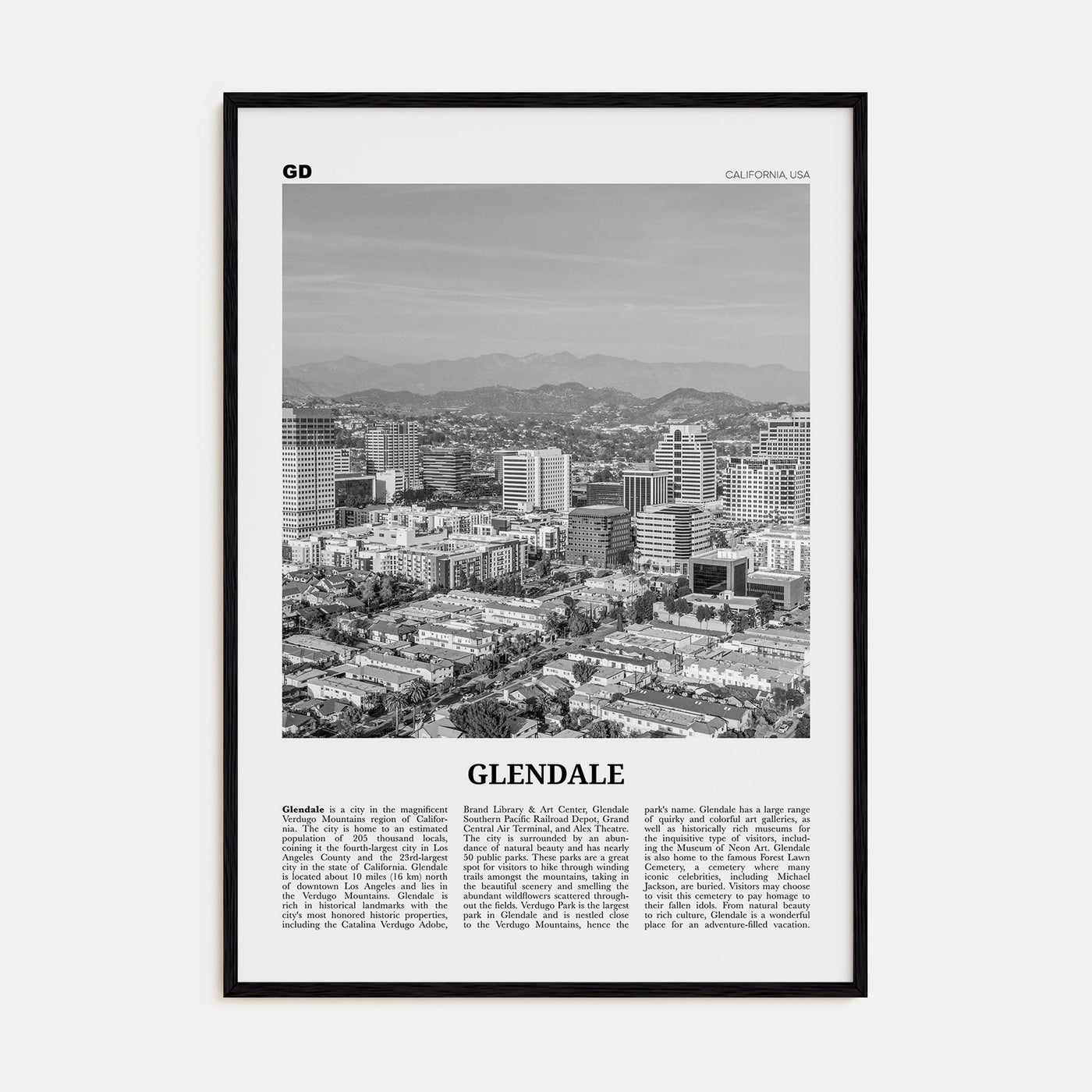 Glendale, California Travel B&W Poster