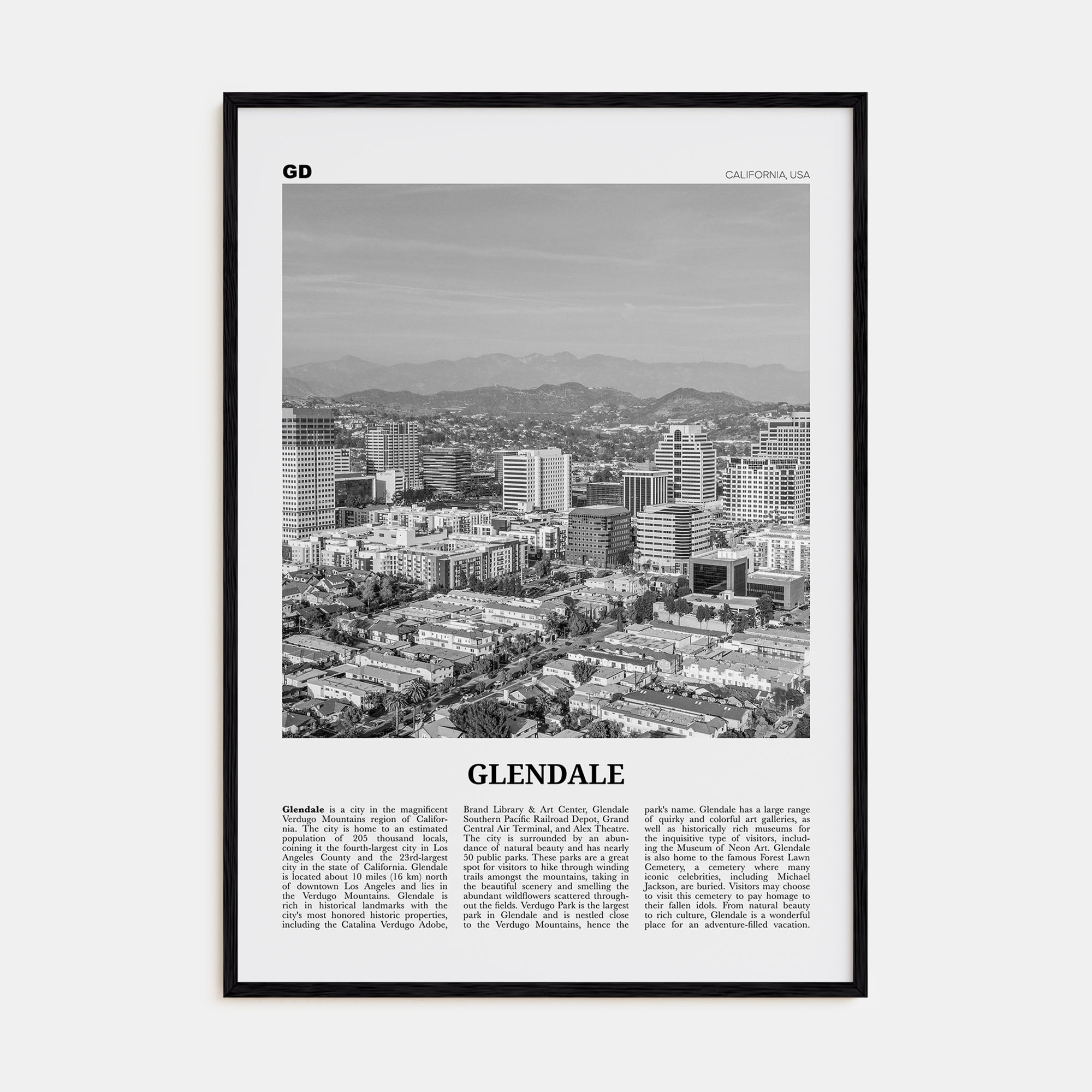 Glendale, California Travel B&W Poster