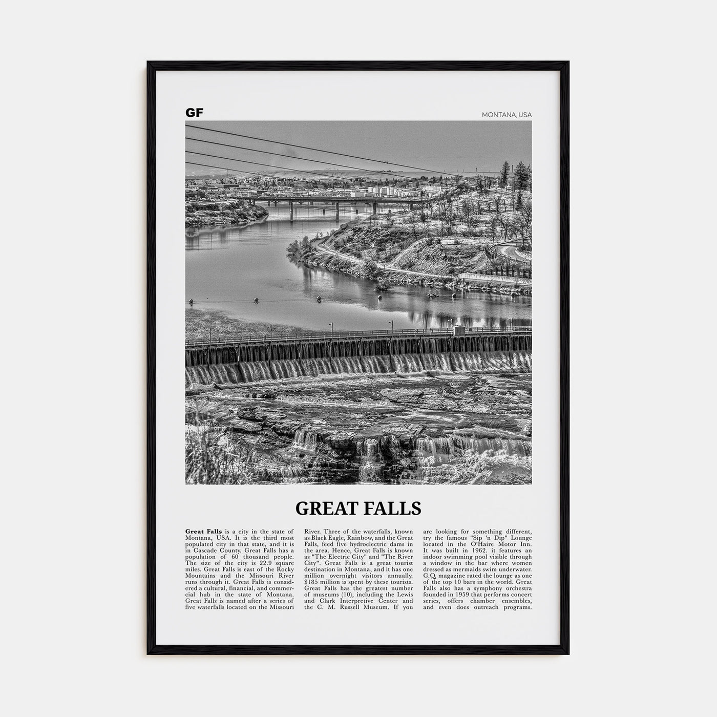 Great Falls, Montana Travel B&W Poster