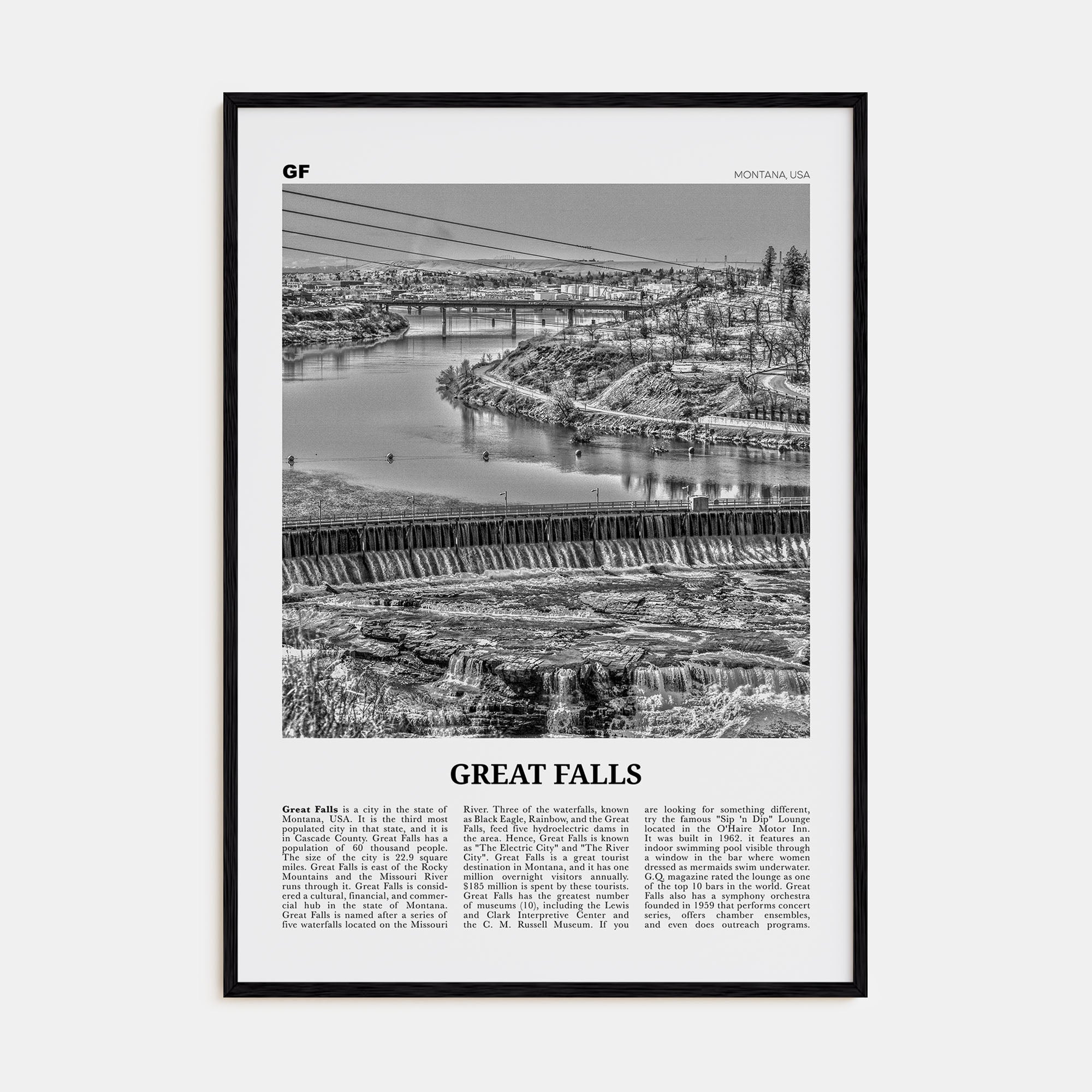 Great Falls, Montana Travel B&W Poster
