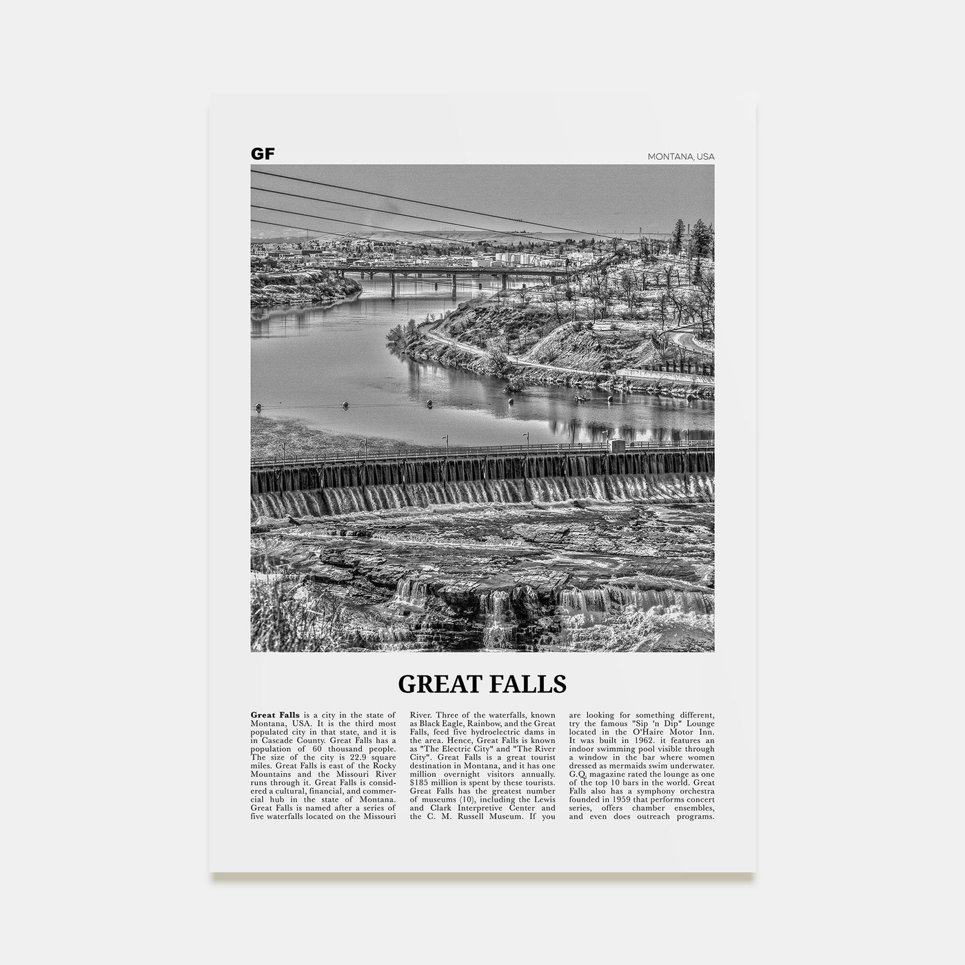Great Falls, Montana Travel B&W Poster