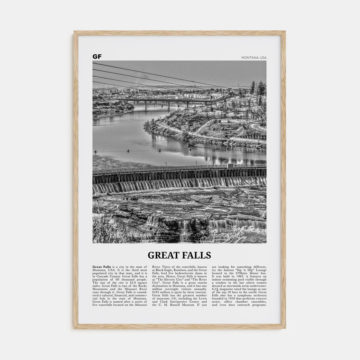 Great Falls, Montana Travel B&W Poster