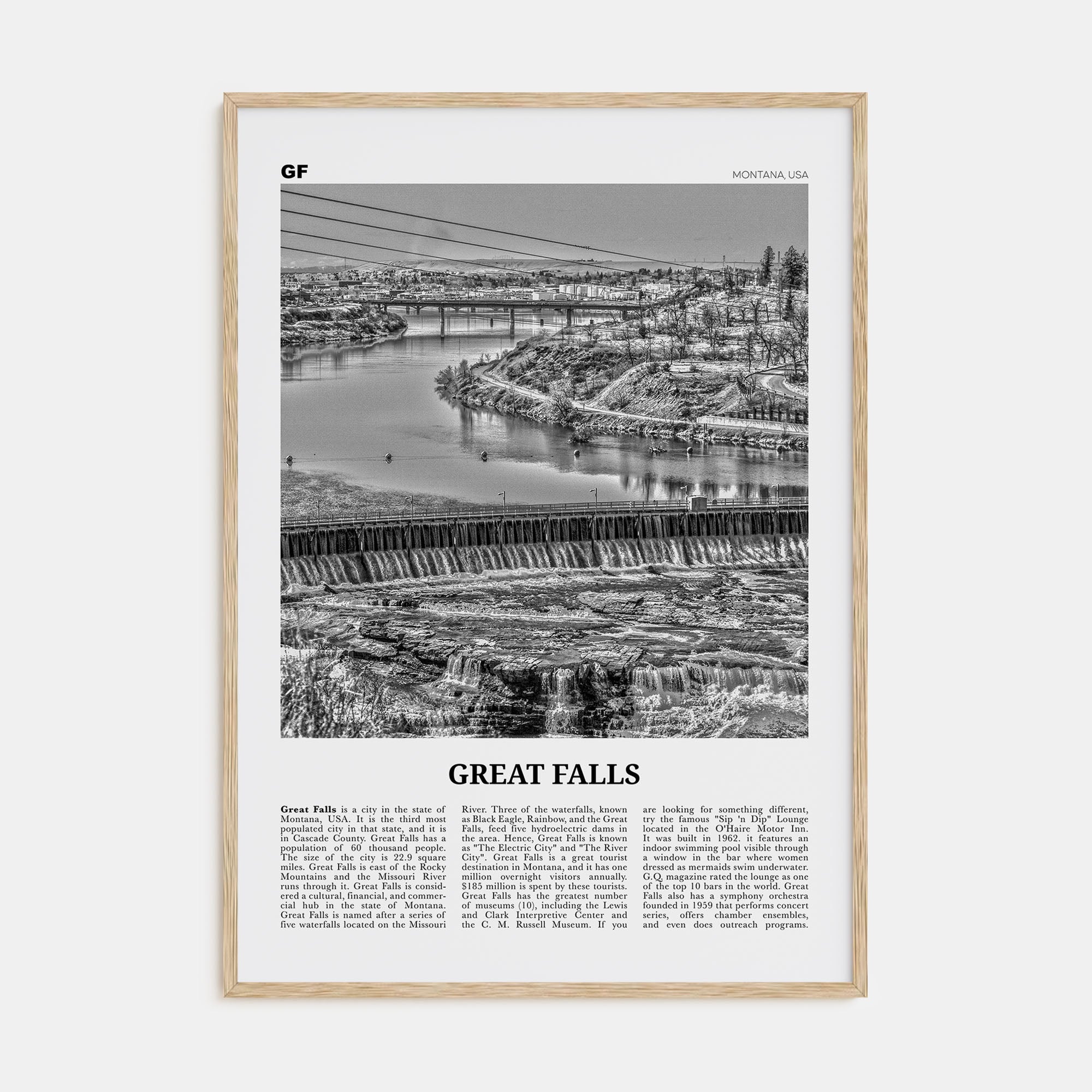 Great Falls, Montana Travel B&W Poster
