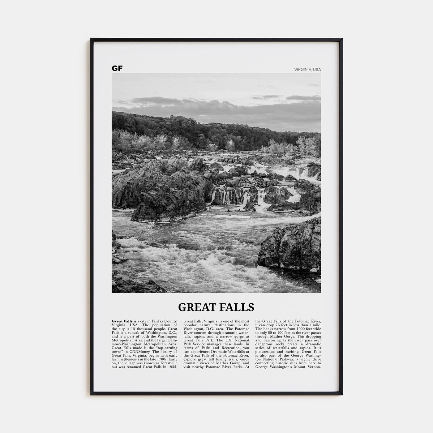 Great Falls, Virginia Travel B&W Poster
