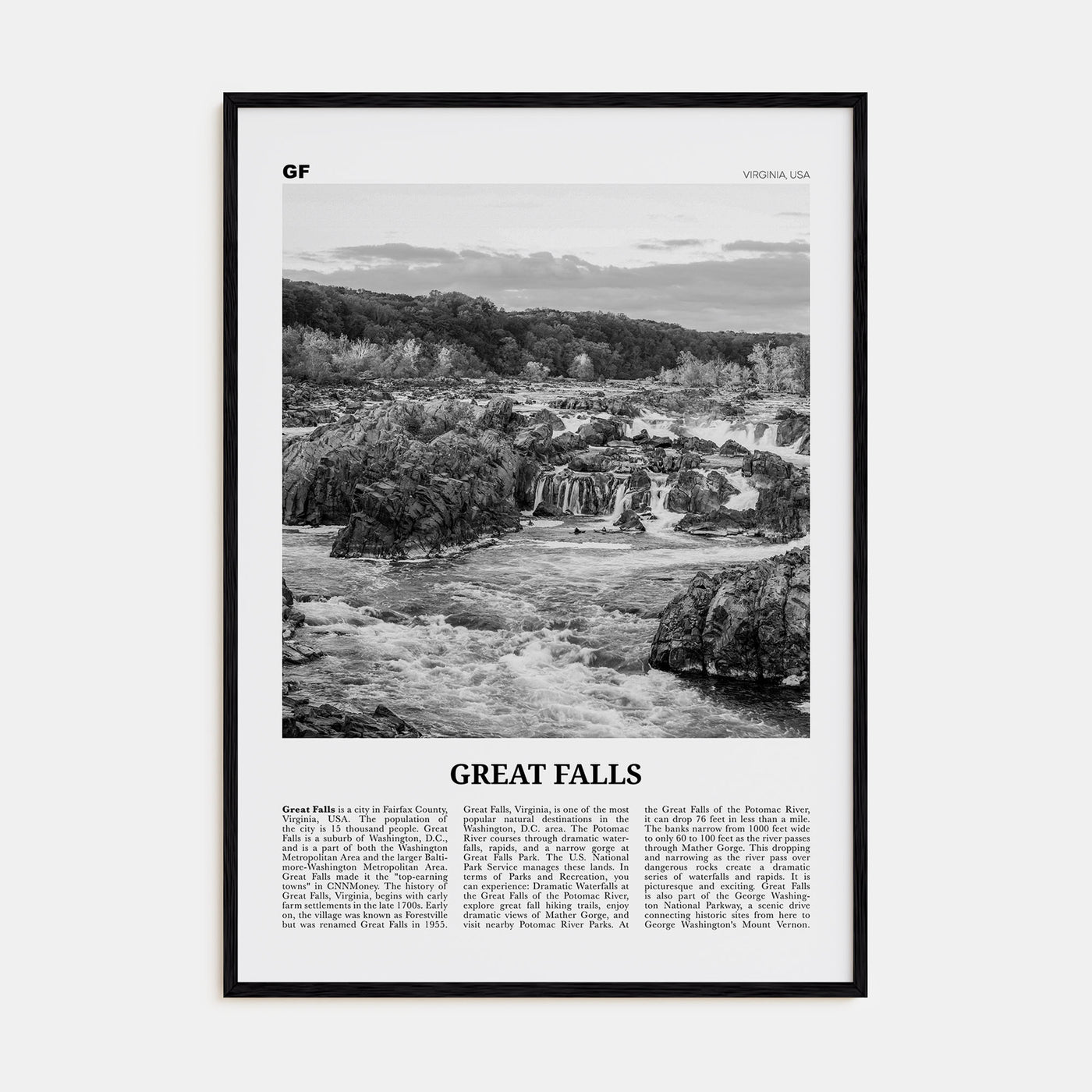 Great Falls, Virginia Travel B&W Poster
