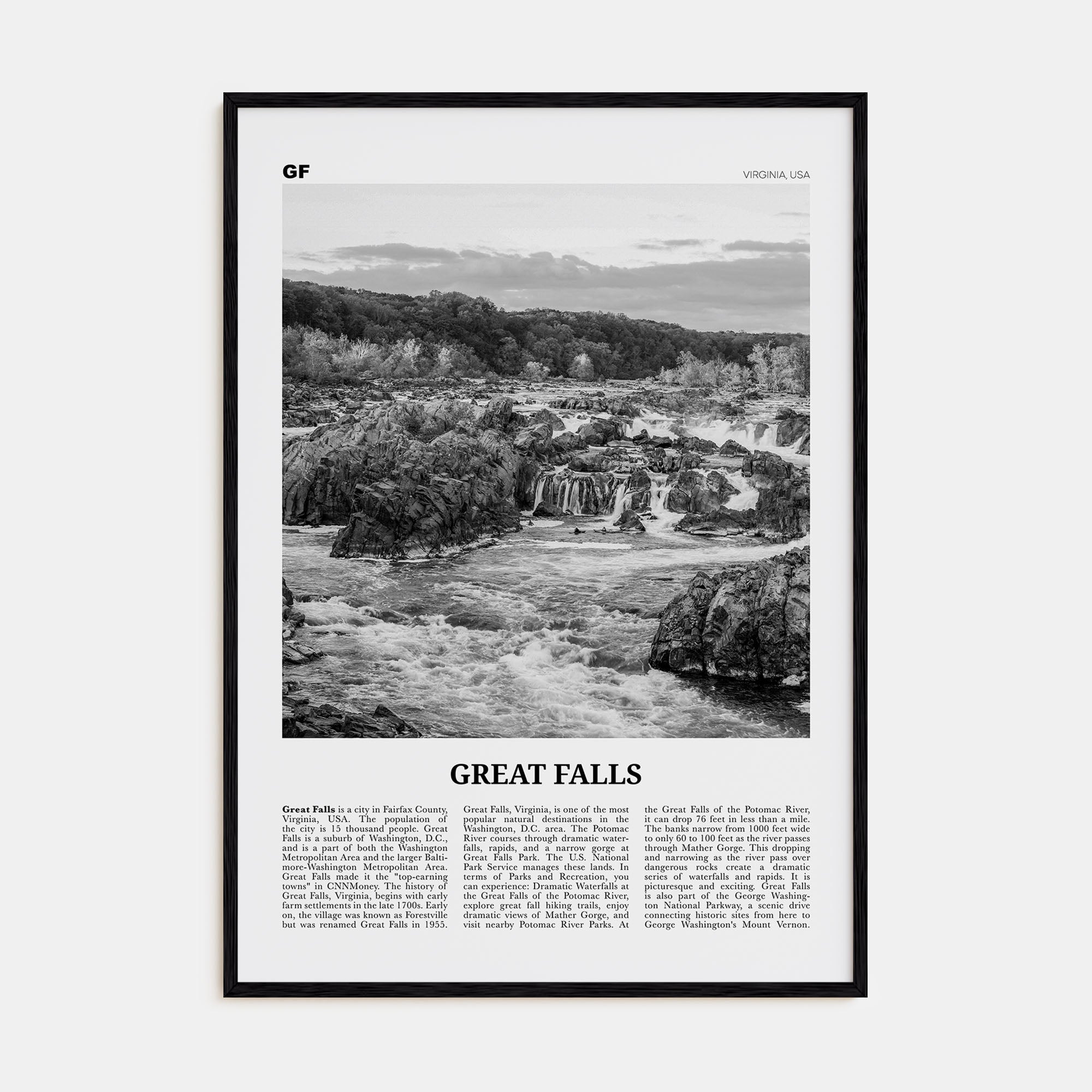 Great Falls, Virginia Travel B&W Poster