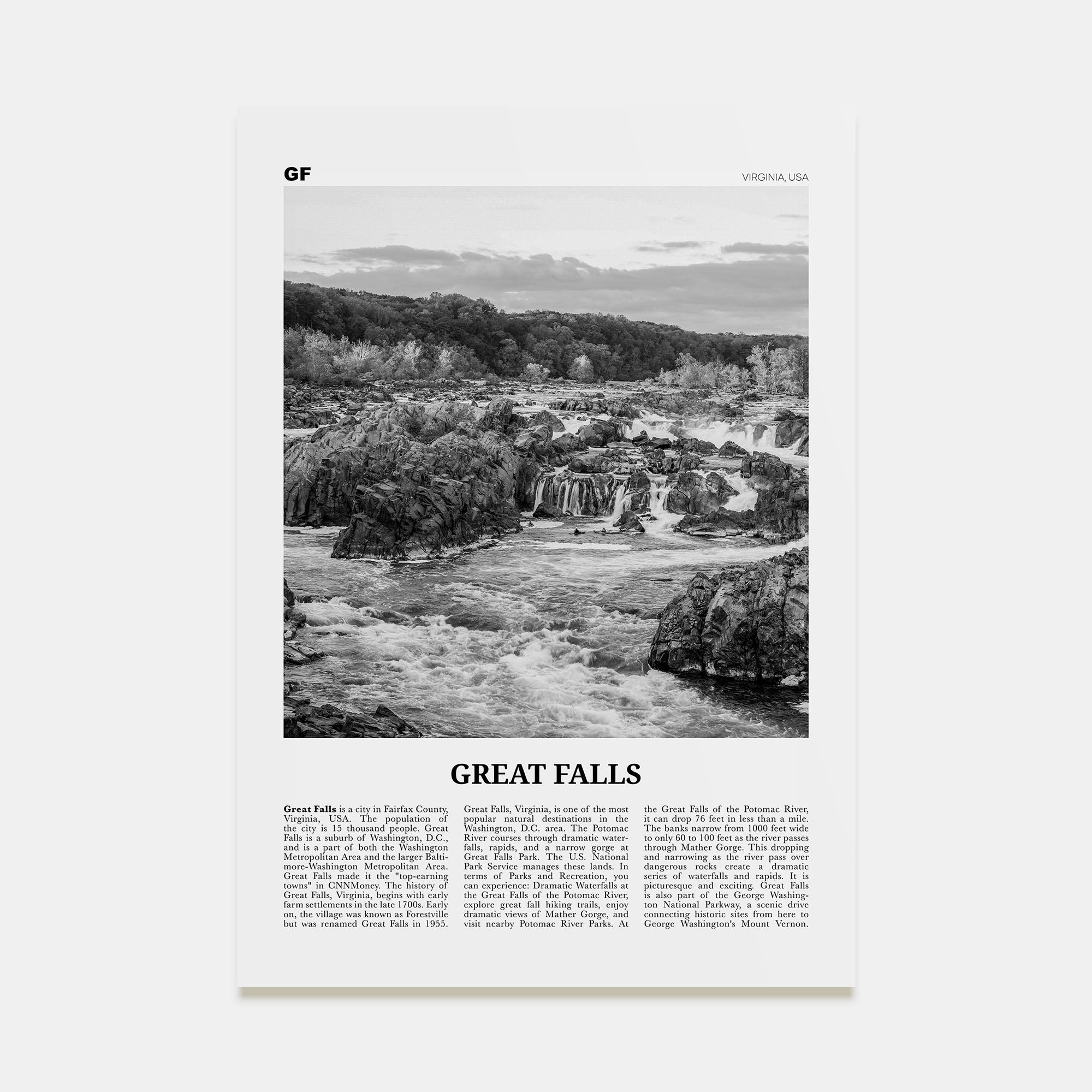 Great Falls, Virginia Travel B&W Poster