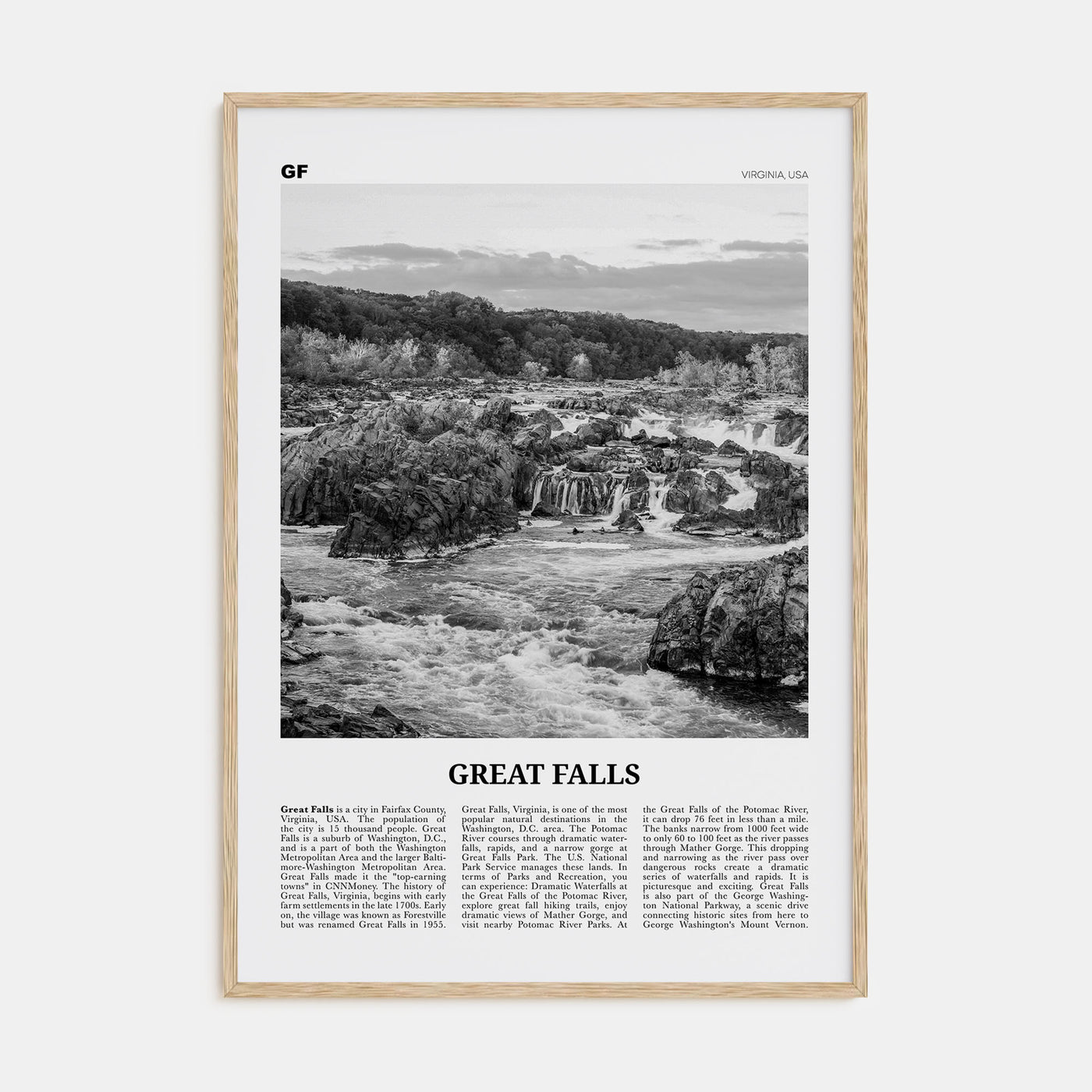 Great Falls, Virginia Travel B&W Poster